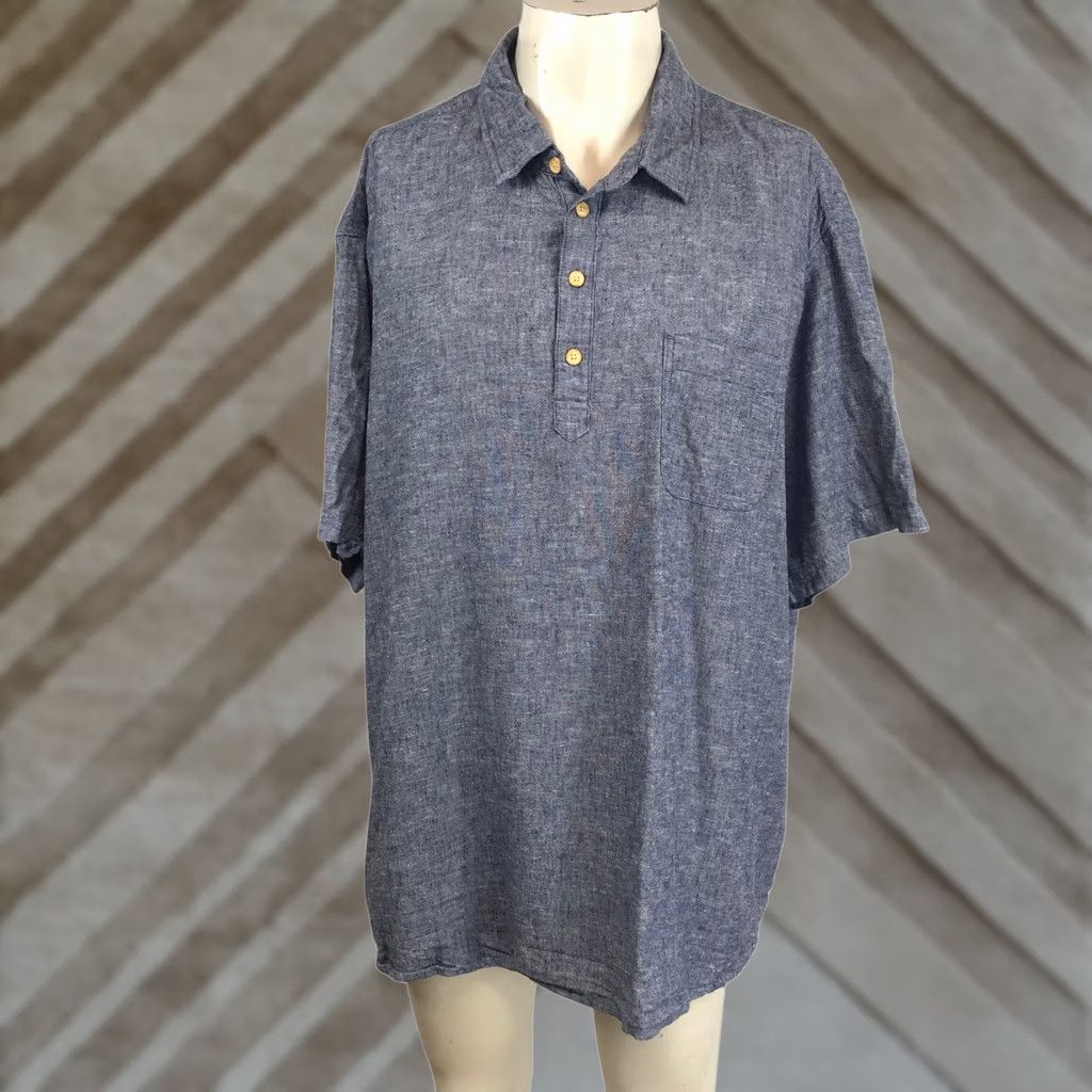 Vintage Eventide Mens Blue Linen Blend Short Sleeve Henley Polo Shirt Regular Fit Big 3X Size US XXL / EU 58 / 5 - 1 Thumbnail