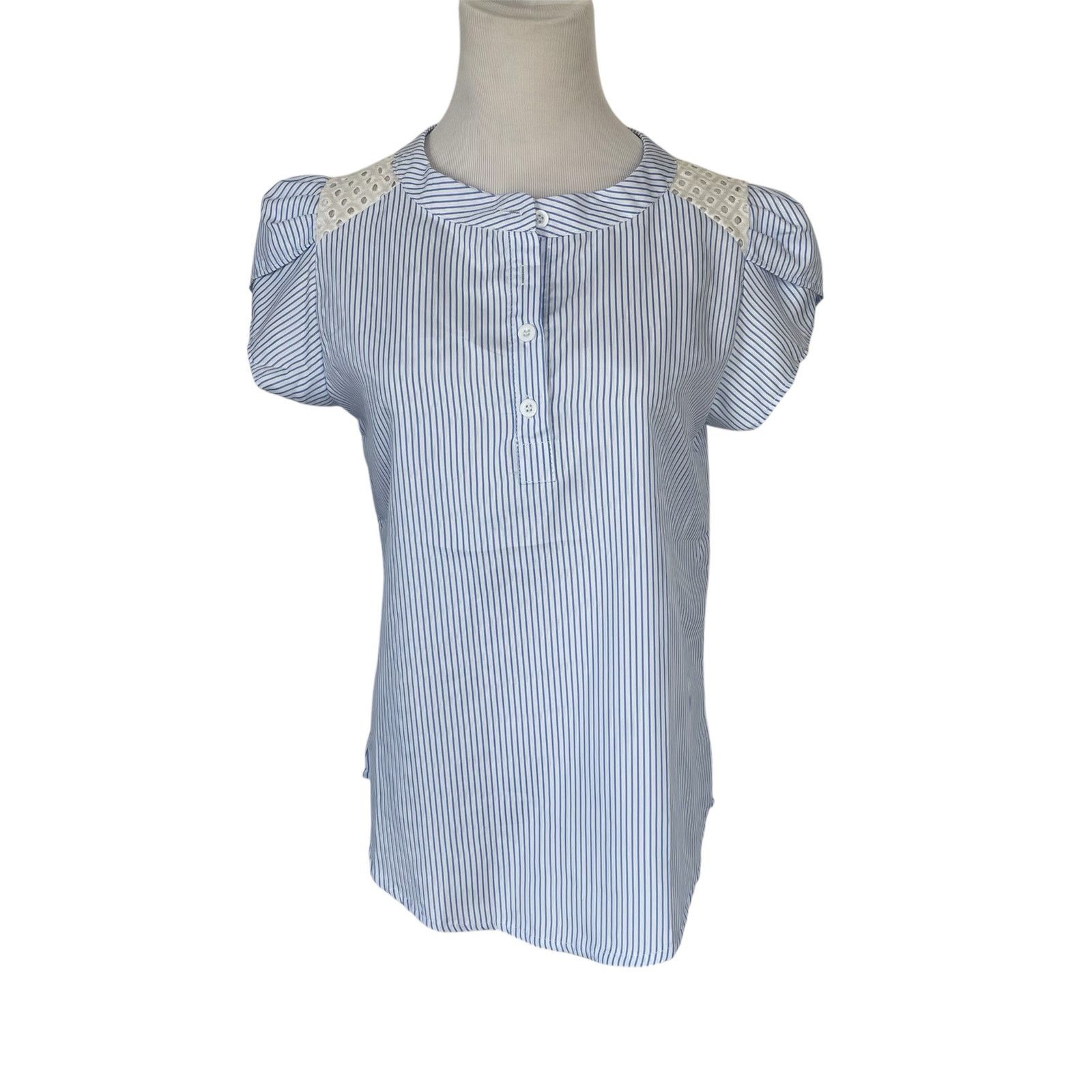 Other Blue & White Stripe Button Down Blouse Lace Short Sleeve Top Size M / US 6-8 / IT 42-44 - 1 Thumbnail