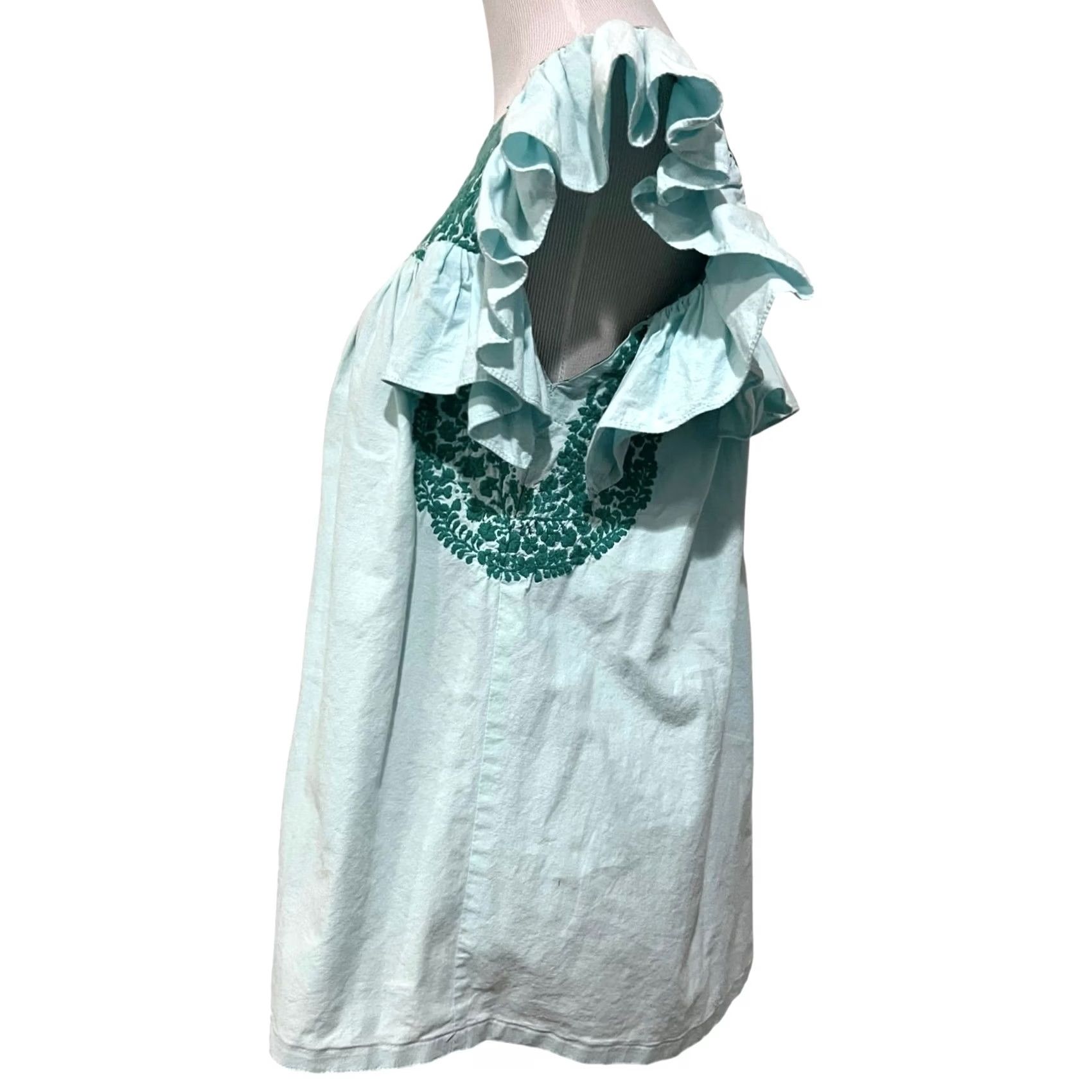 Vintage Mi Golondrina Soledad Embroidered Top Womens M Blue/Green Cotton Ruffle Sleeves Size M / US 6-8 / IT 42-44 - 4 Thumbnail