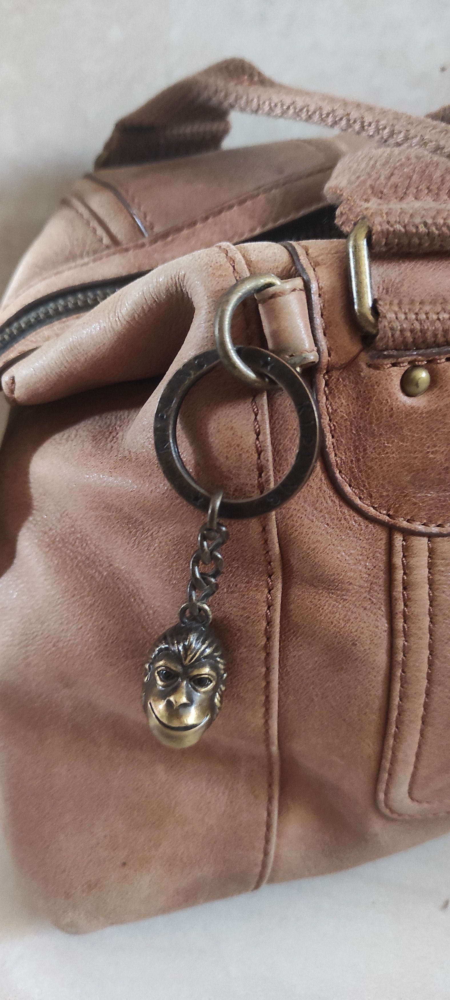 Kipling Shoulder Bag Brown Leather Brass Monkey Zip Top