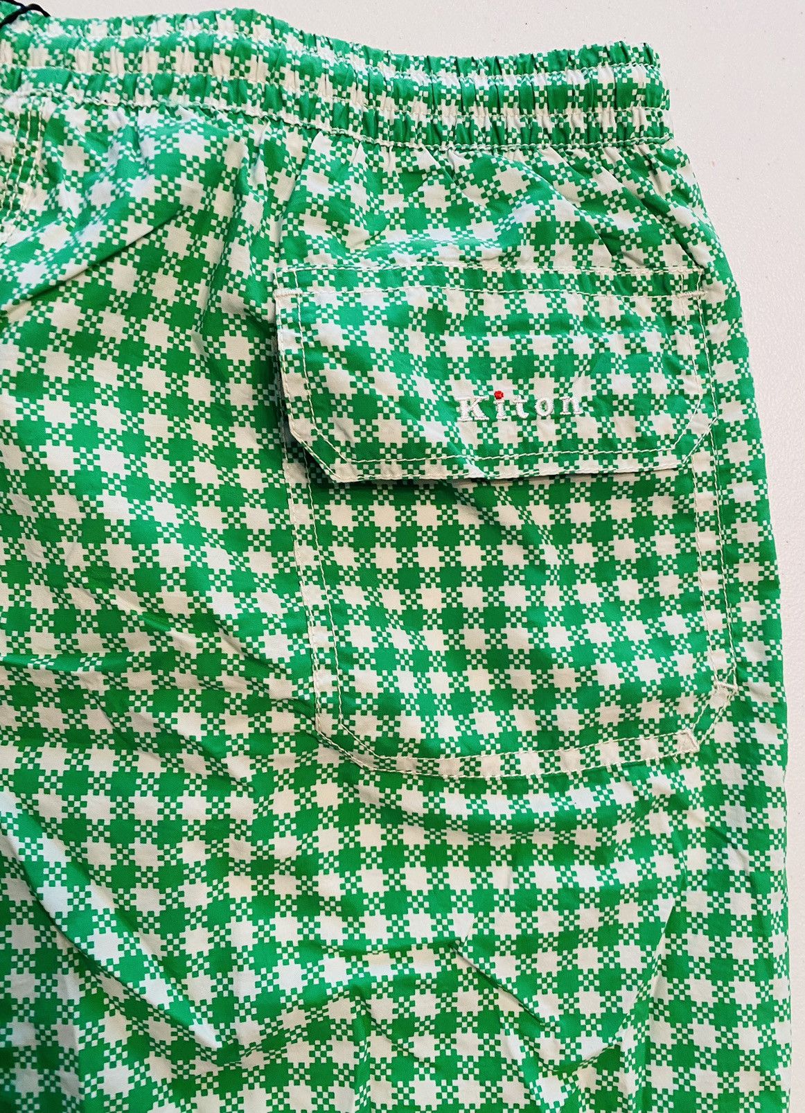 Kiton Kiton 🇮🇹 Green Gingham Check Logo Resort Swim Shorts Lg NWT Size US 36 / EU 52 - 7 Thumbnail