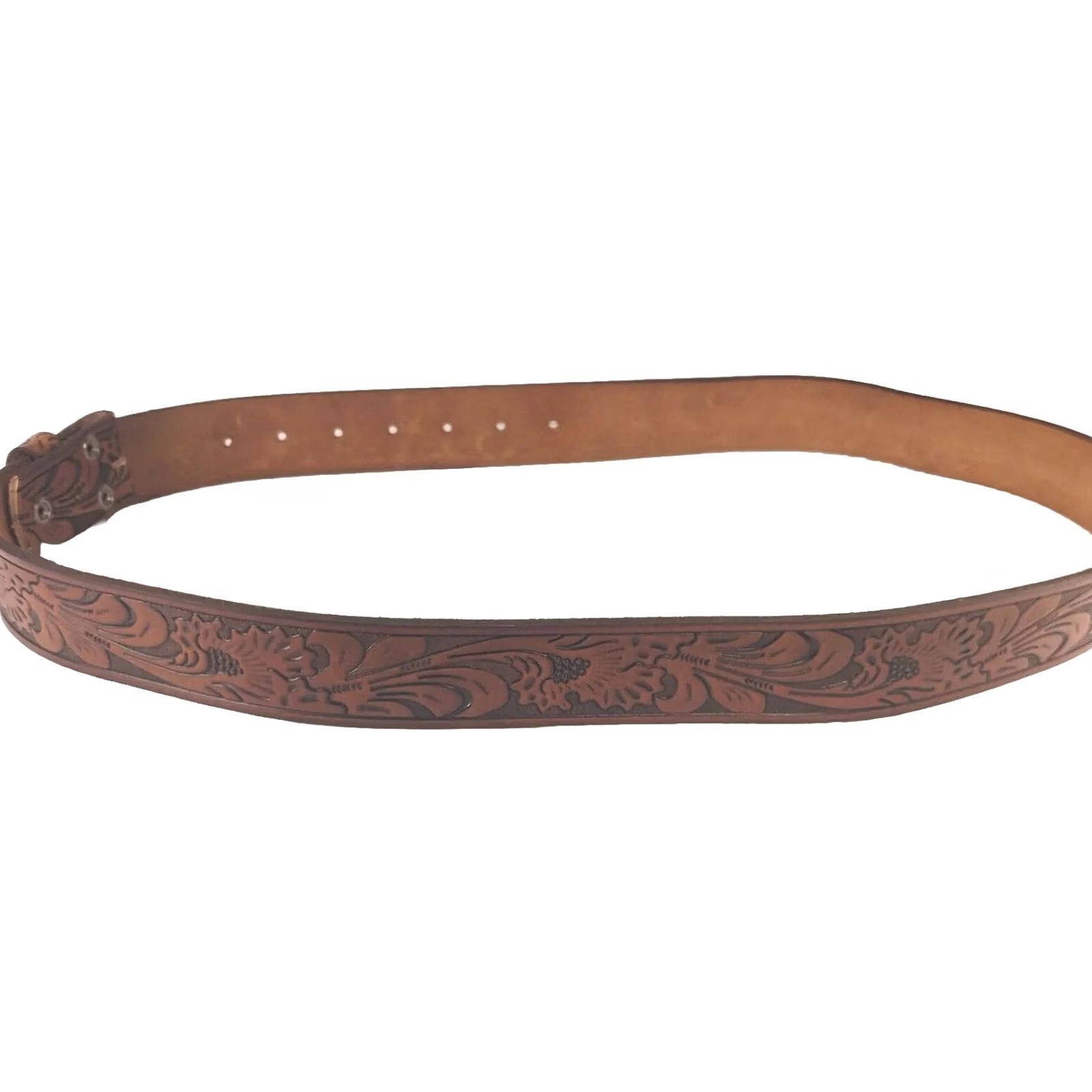 Vintage Belts.Com Western Belt 38 Brown Full Grain Leather Floral Engraved Tooling Men Regular 1.5" Belt Buckleless Size 38 - 3 Thumbnail