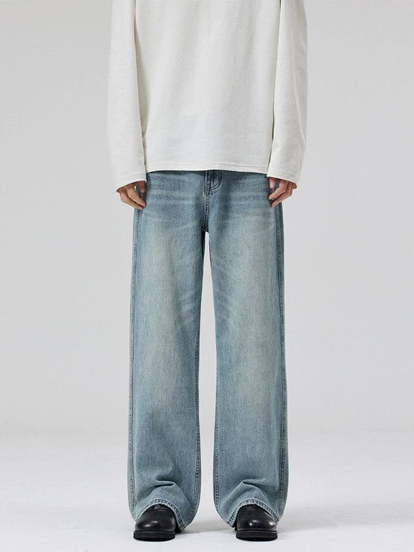 Light blue men's washed high street straight versatile jeans