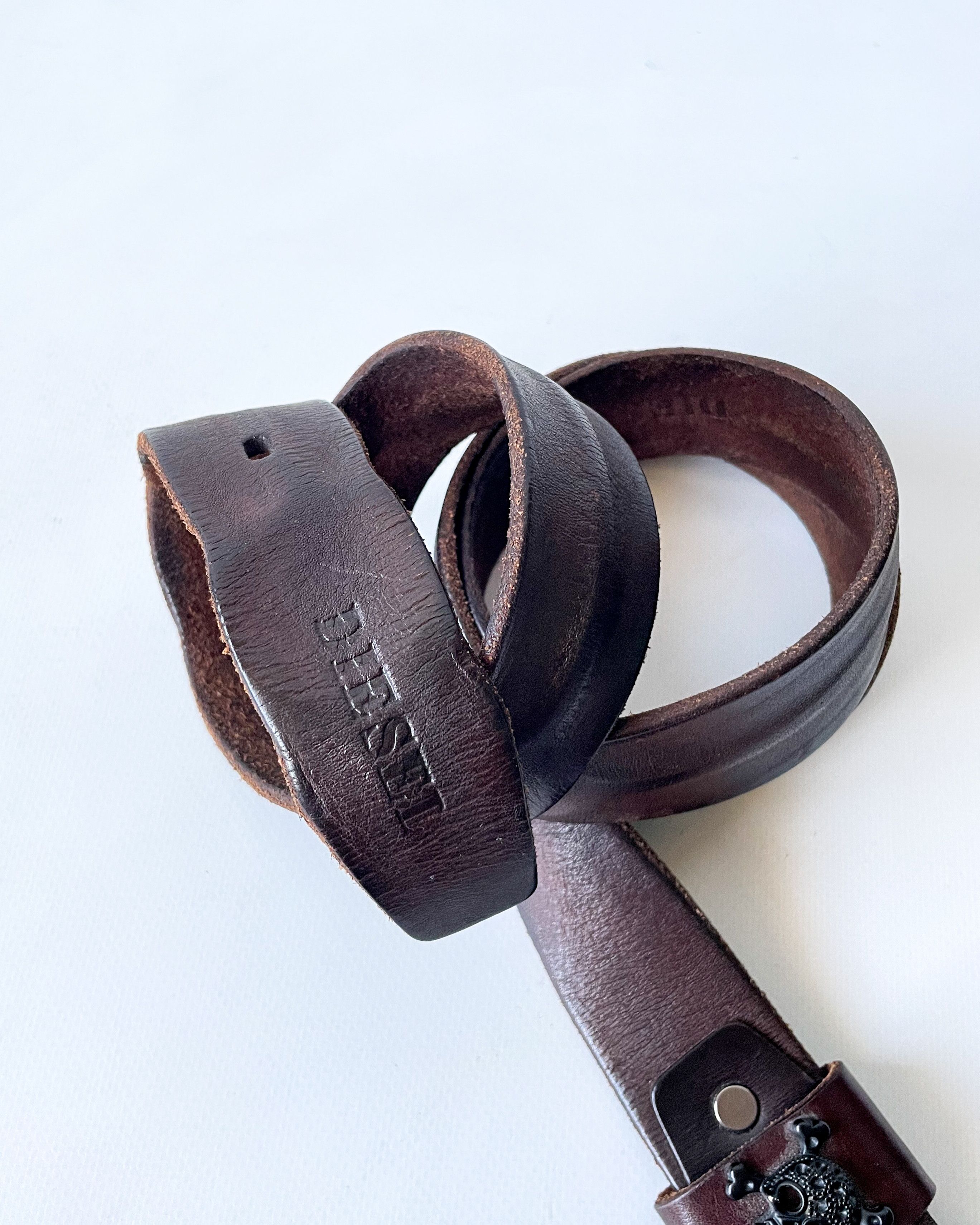 Diesel Diesel Brown Leather Belt Skull Buckle Detail Size 42 - 7 Thumbnail