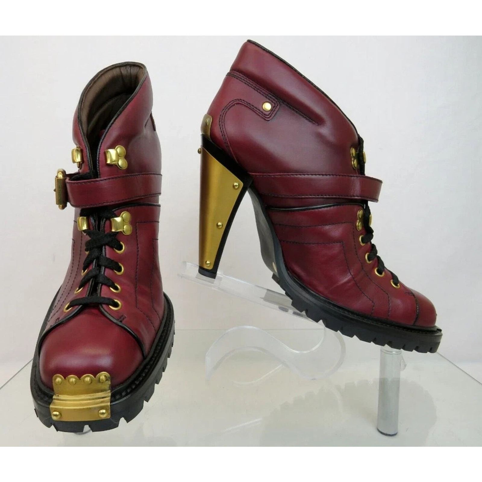Prada MIU MIU PRADA BURGUNDY LEATHER METAL BELTED ANKLE BOOTS 39 Size US 9 / IT 39 - 10 Thumbnail