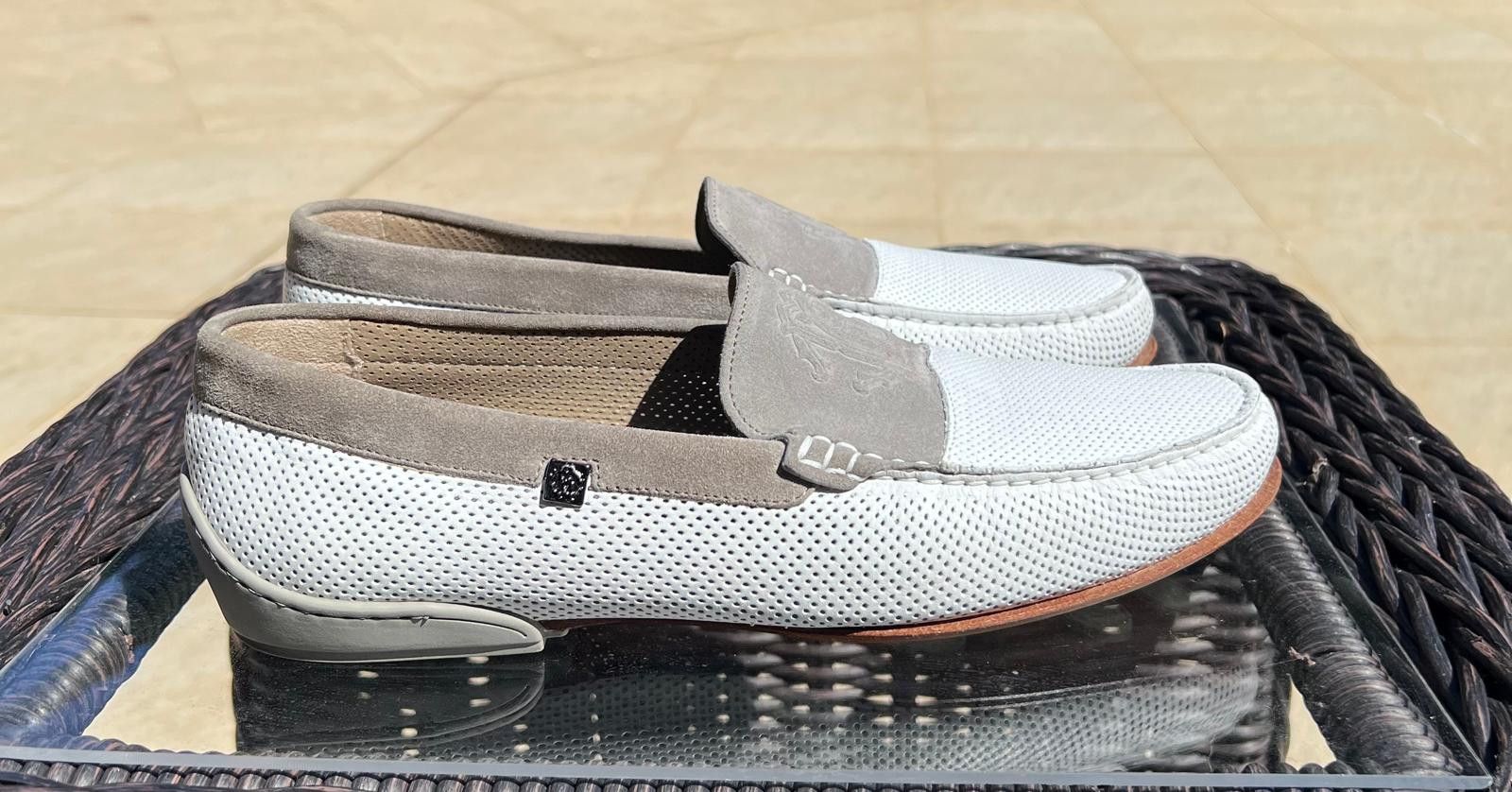 image of Roberto Cavalli Leather Moccasins Shoes in White/Gray, Men's (Size 11)