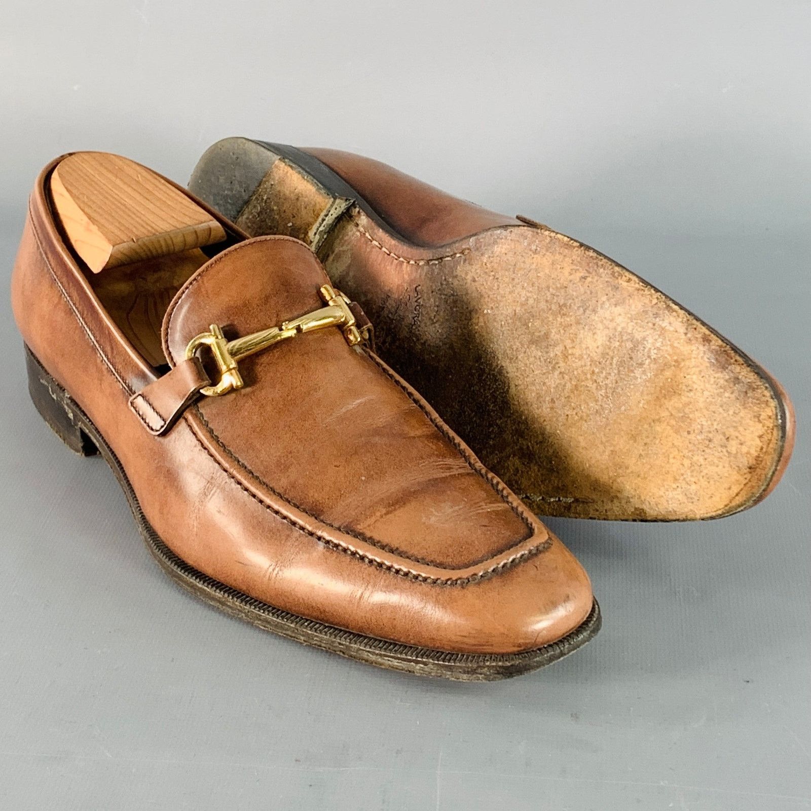 Salvatore Ferragamo SALVATORE FERRAGAMO Brown Gold Leather Horsebit Loafers Size US 7 / EU 40 - 5 Thumbnail