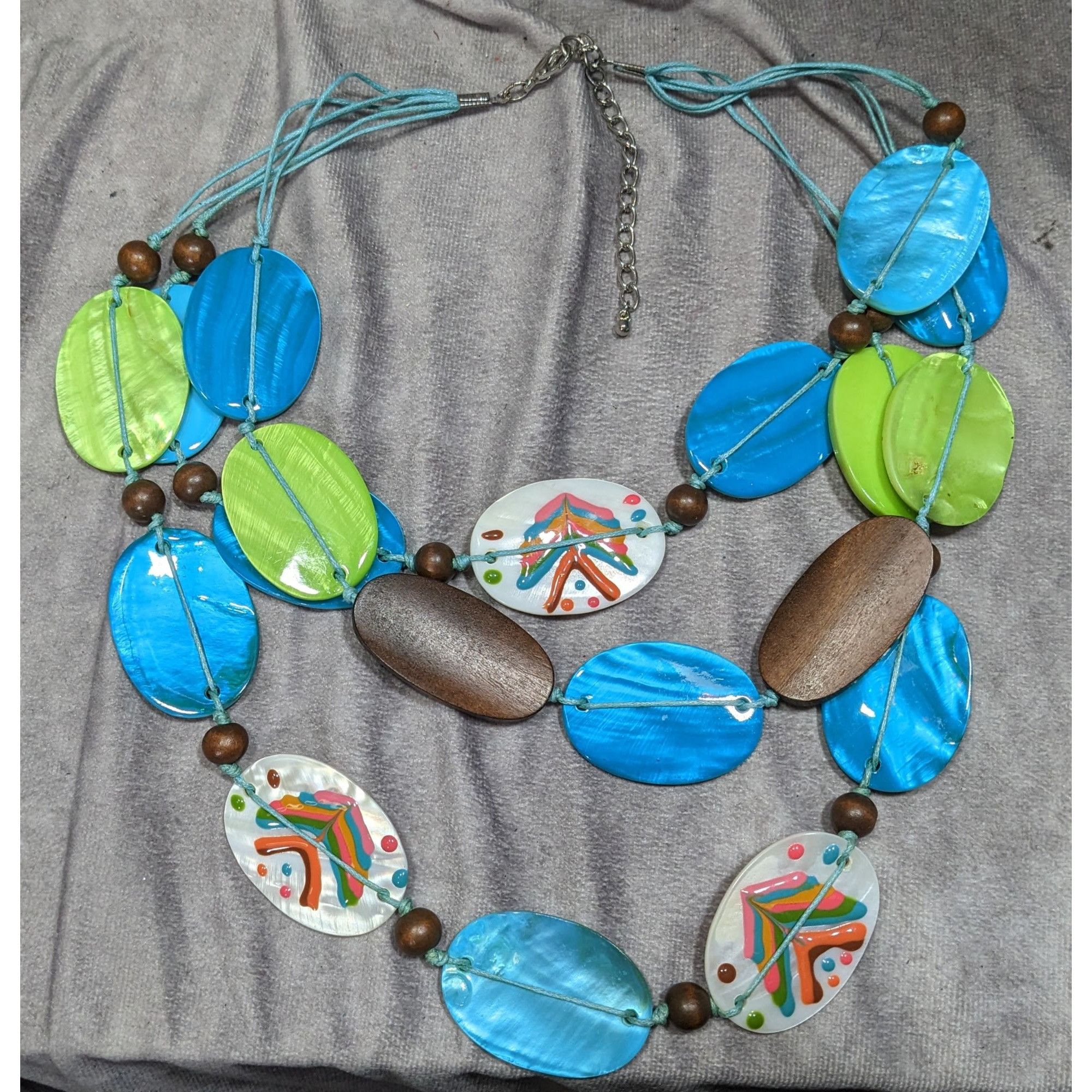 Other Vintage Boho Necklace W/ Blue Green & Hand-Painted Shell Bea Size ONE SIZE - 6 Thumbnail