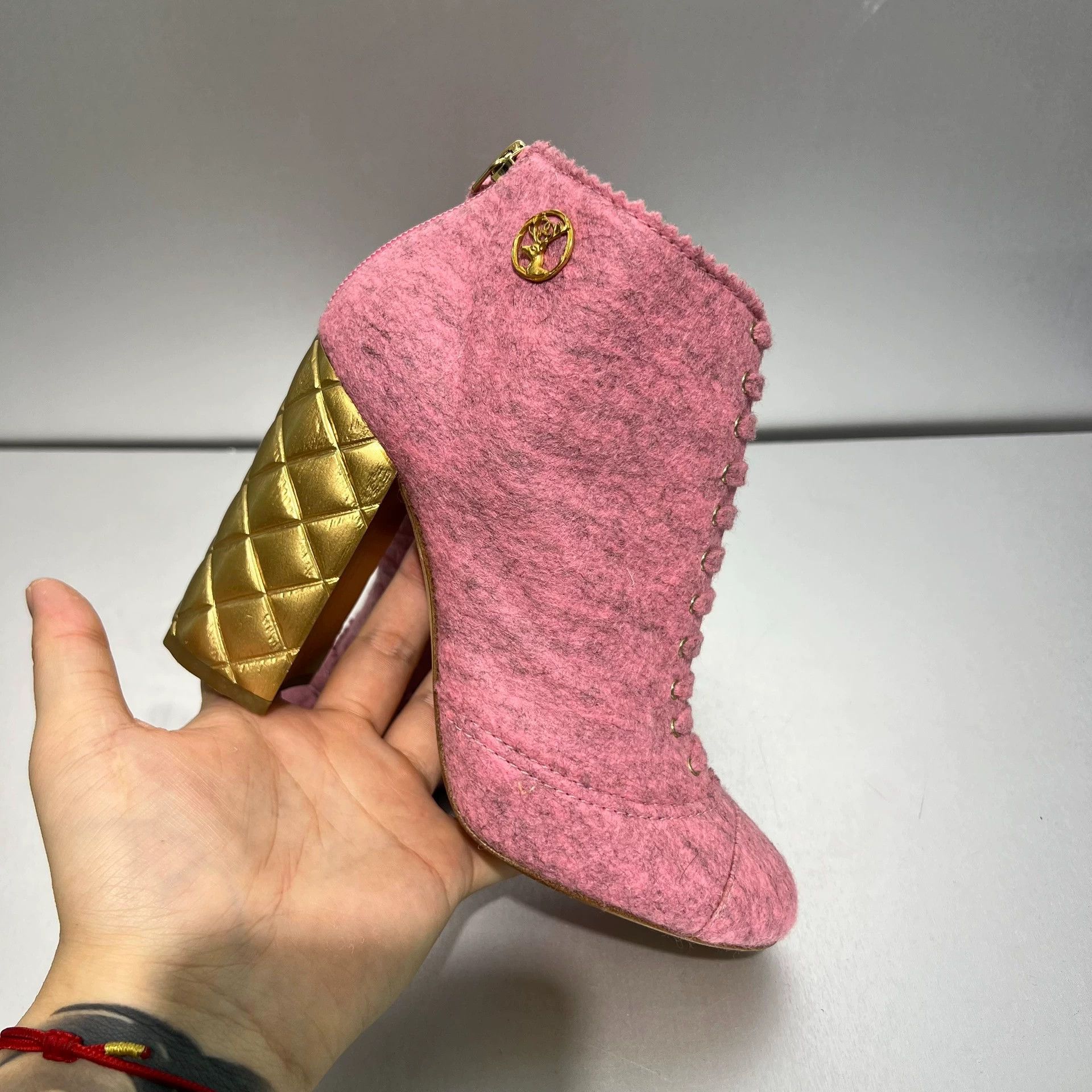 Chanel [Chanel] Pink Wool Quilted Chunky Heel Ankle Boots Size US 7 / IT 37 - 6 Thumbnail