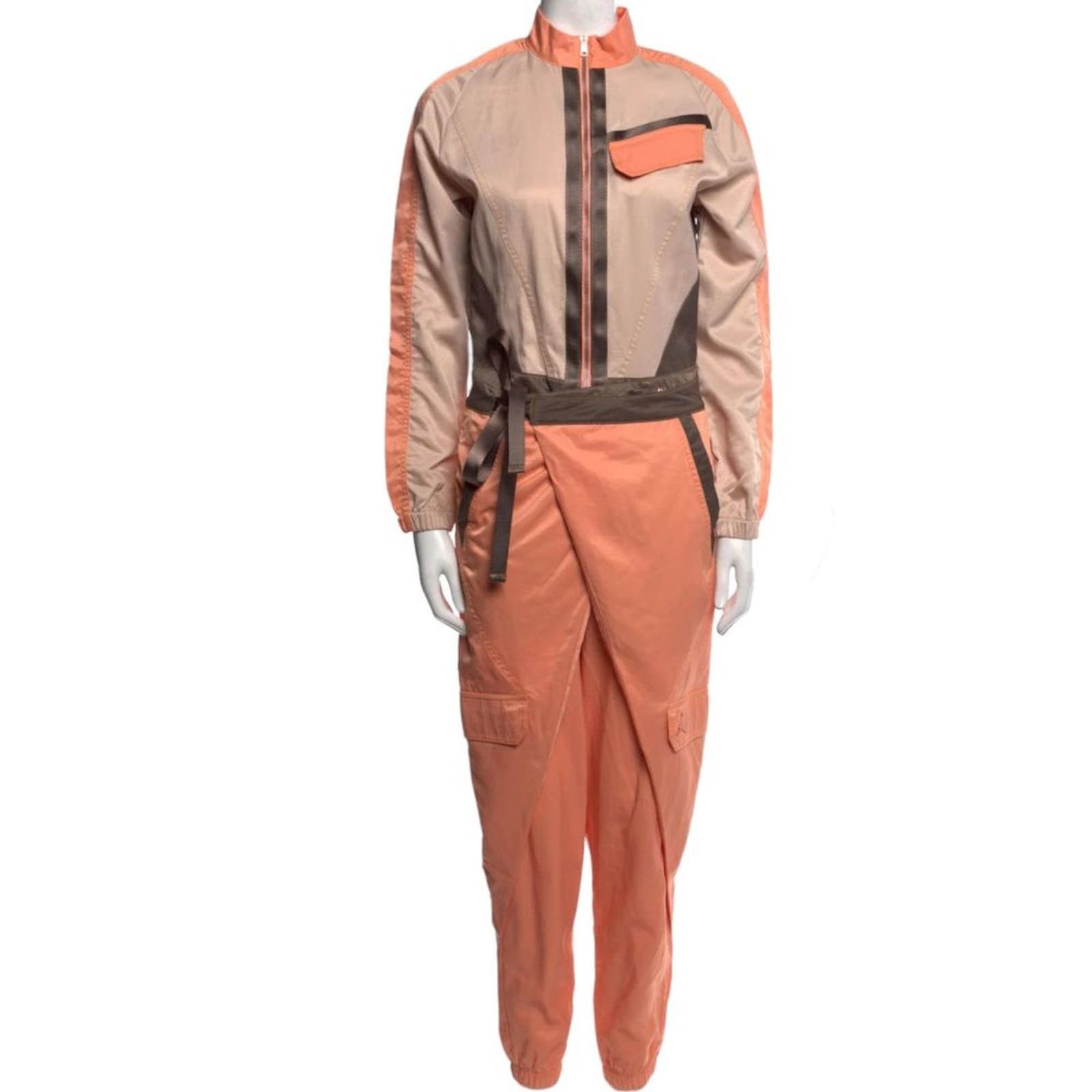 image of Jordan Colorblock Pattern Long Sleeve Mock Neck Jumpsuit Xxs in Orange, Women's (Size 27)