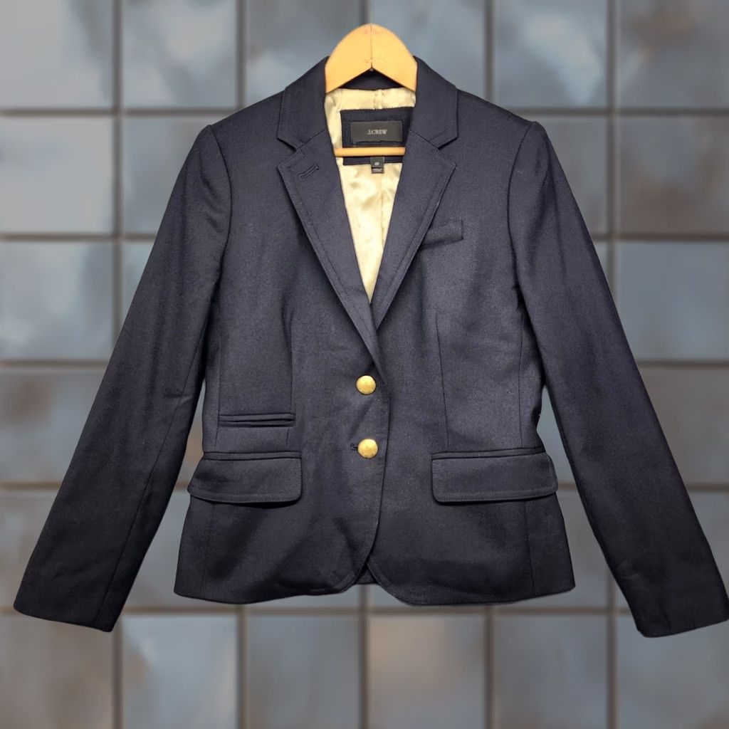 J.Crew J.CREW Schoolboy Wool Blend Blazer 2P Navy Blue Gold Buttons Womens Petite Small Button Closure Long Sleeve Blazer EXCELLENT Size XS / US 0-2 / IT 36-38 - 1 Thumbnail