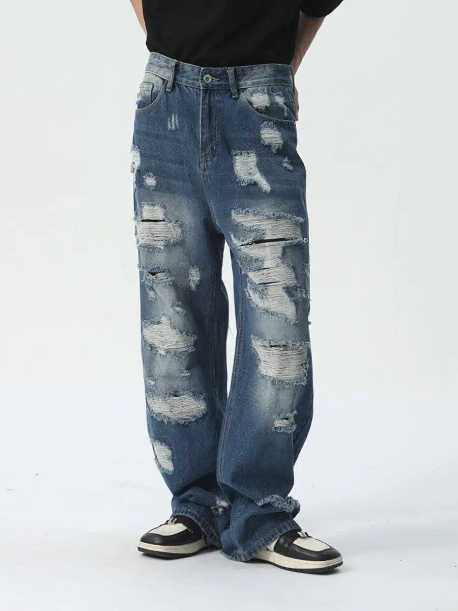 Japanese Brand Retro loose hip-hop straight leg ripped jeans Size US 32 / EU 48 - 3 Thumbnail