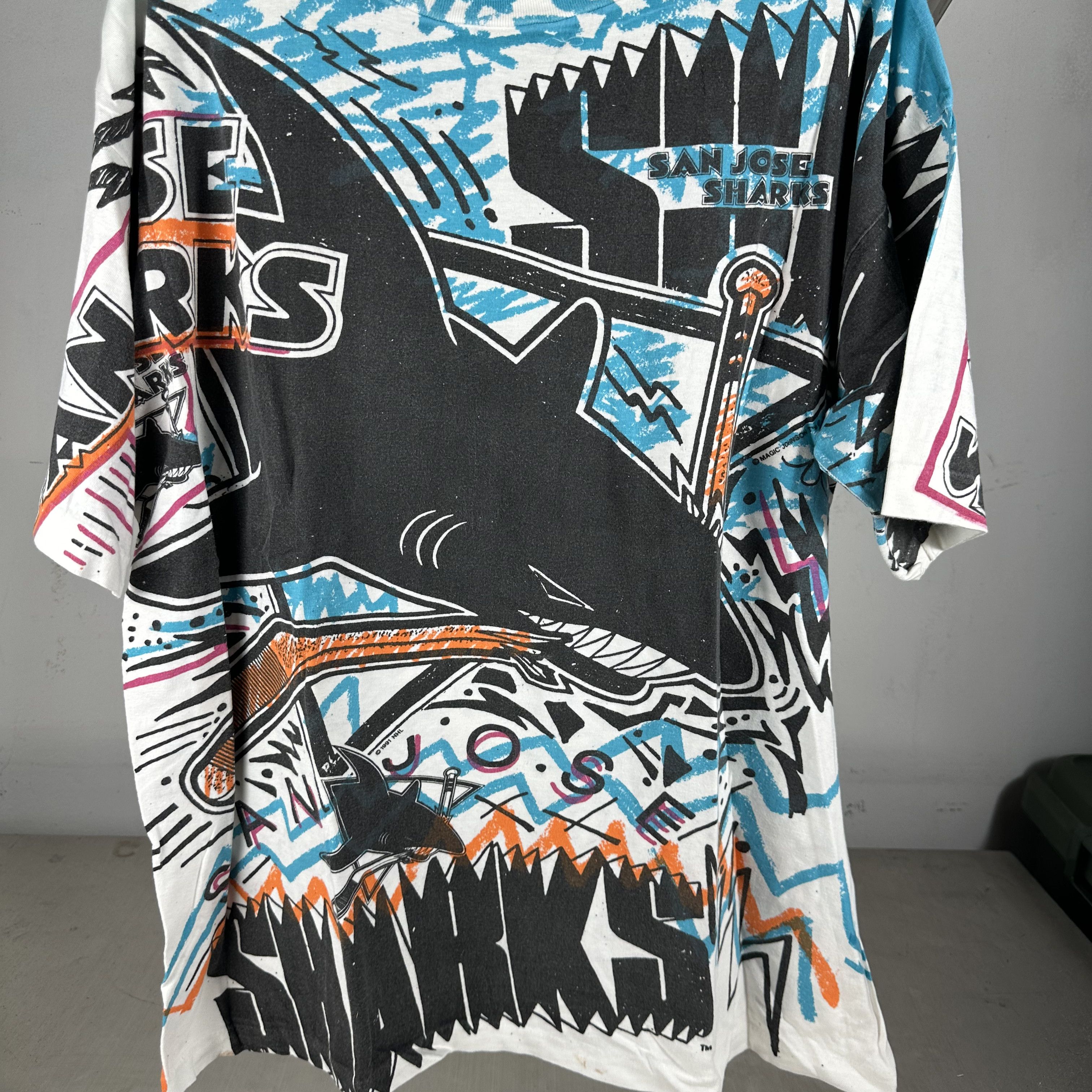 Vintage 1991 San Jose Sharks Hockey NHL AOP Single Stitch T-Shirt Size US L / EU 52-54 / 3 - 2 Thumbnail