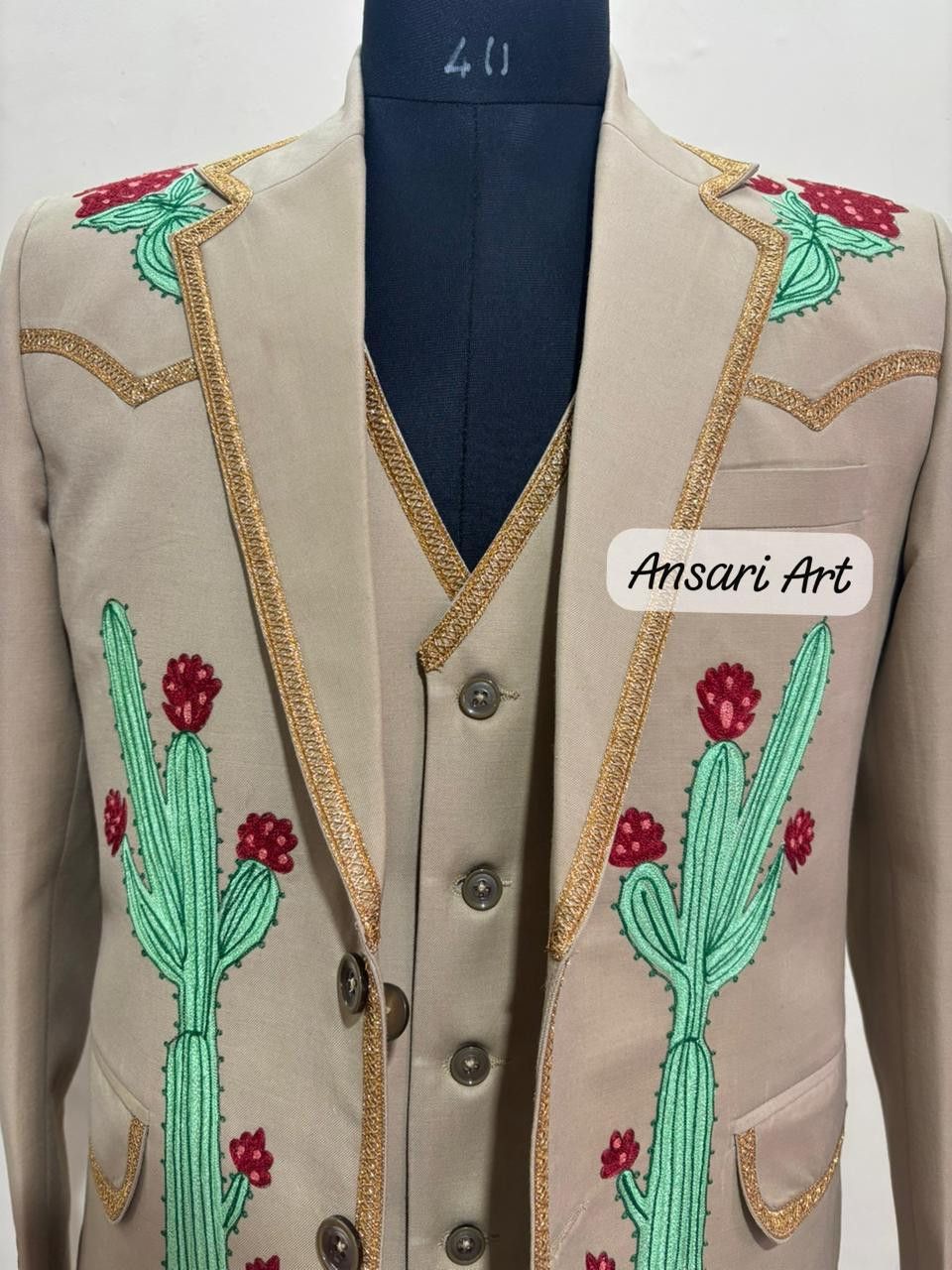 Other Men 3Pc Customized Cactus Embroidery Cocktail Prom Groom Set Size 42L - 6 Thumbnail