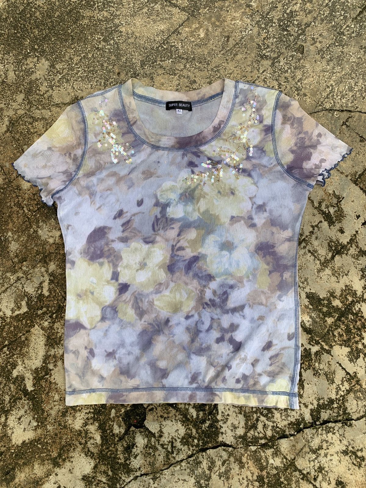 Japanese Brand × Vintage y2k Super Beauty Japan Floral Paint Art Beady Mesh Top Size L / US 10 / IT 46 - 1 Thumbnail