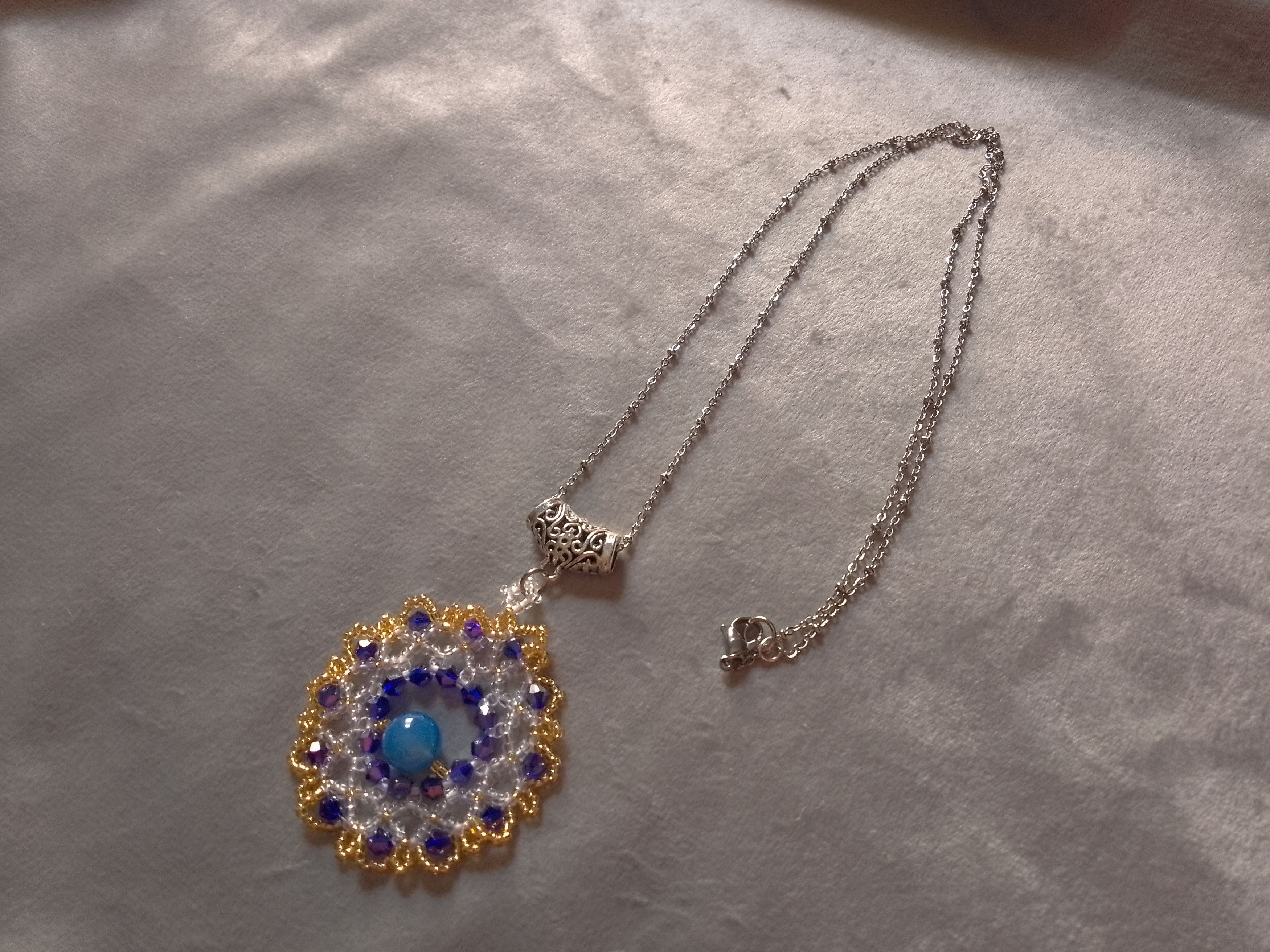 Handmade Long Necklace. Rhodium plated. Blue agate gemstones pendant Size ONE SIZE - 1 Thumbnail