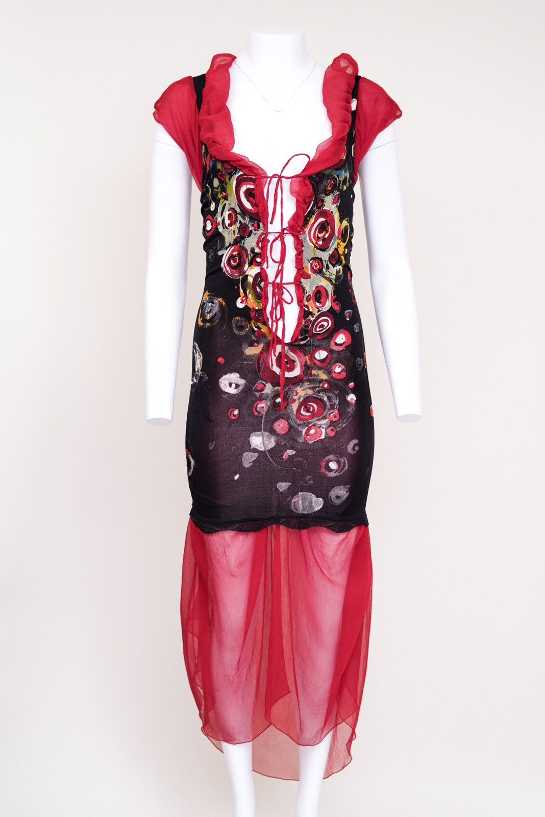 Jean Paul Gaultier Jean Paul Gaultier Plunging Red Patterned Tie Bodycon Dress Size S / US 4 / IT 40 - 2 Thumbnail