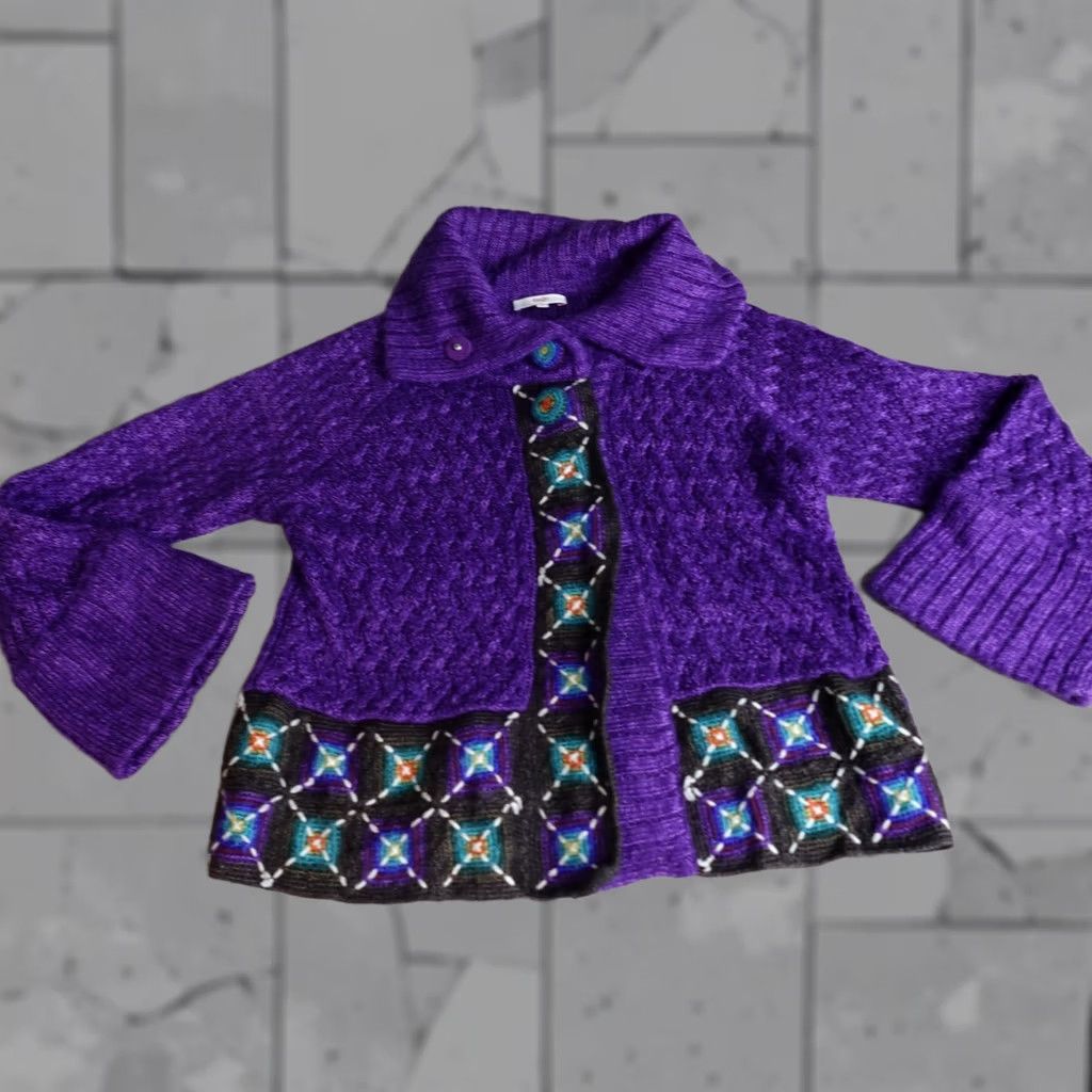 Kenzo KENZO Womens Sweater L Purple Crochet Button Front Cardigan Bell Sleeves Knit Size L / US 10 / IT 46 - 1 Thumbnail