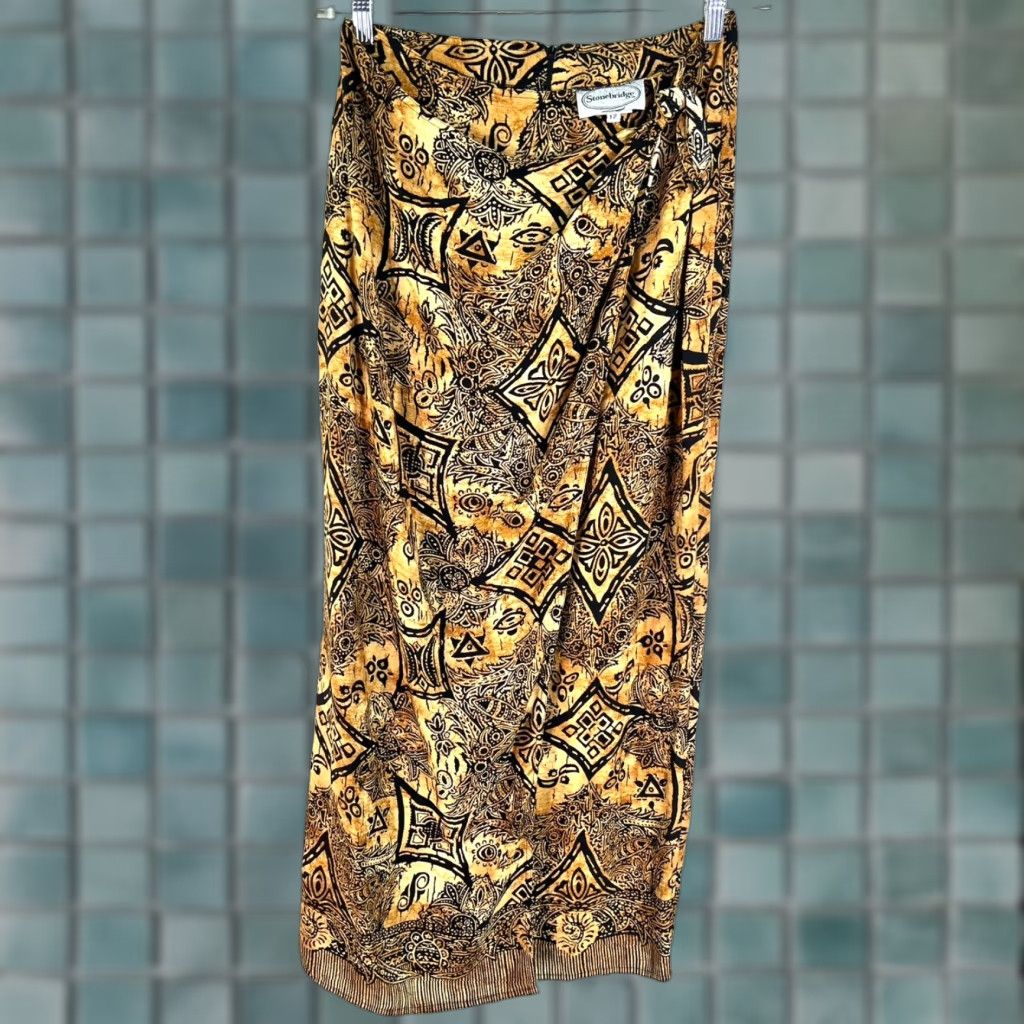 Vintage Stonebridge Skirt Womens Size 12 Maxi Wrap Geometric Brown Gold Rayon Chambray Lightweight 40in Length Size 34" / US 12 / IT 48 - 1 Thumbnail