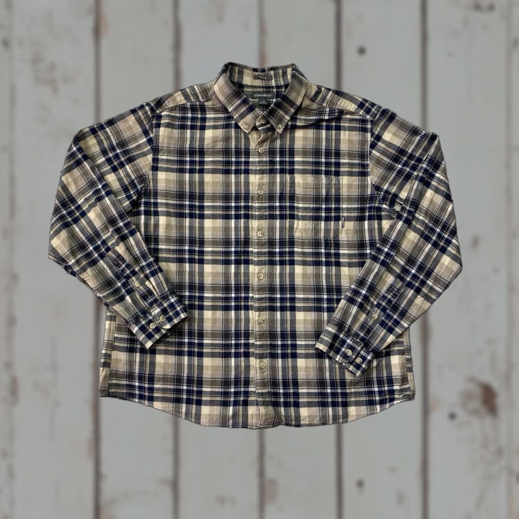 Eddie Bauer Eddie Bauer Men’s Flannel Long Sleeve Shirt Blue Beige Plaid XL Button-Up Collared Regular Fit Mens Size US XL / EU 56 / 4 - 1 Thumbnail
