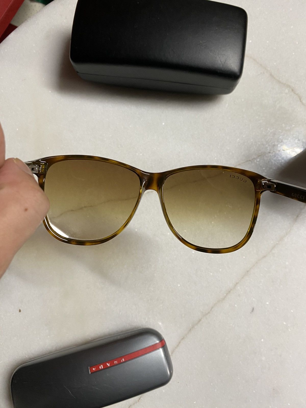 Designer Gucci Stripe GG Square Sunglasses Brown Shades Preowned Size ONE SIZE - 7 Thumbnail