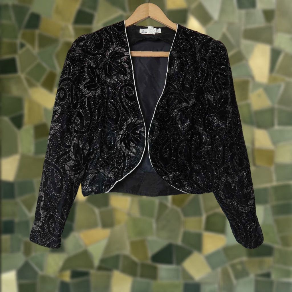 Vintage VINTAGE Jeri Marque black and silver metallic sparkly leaf print Jacket M 1980s Eveningwear Womens Size M / US 6-8 / IT 42-44 - 1 Thumbnail