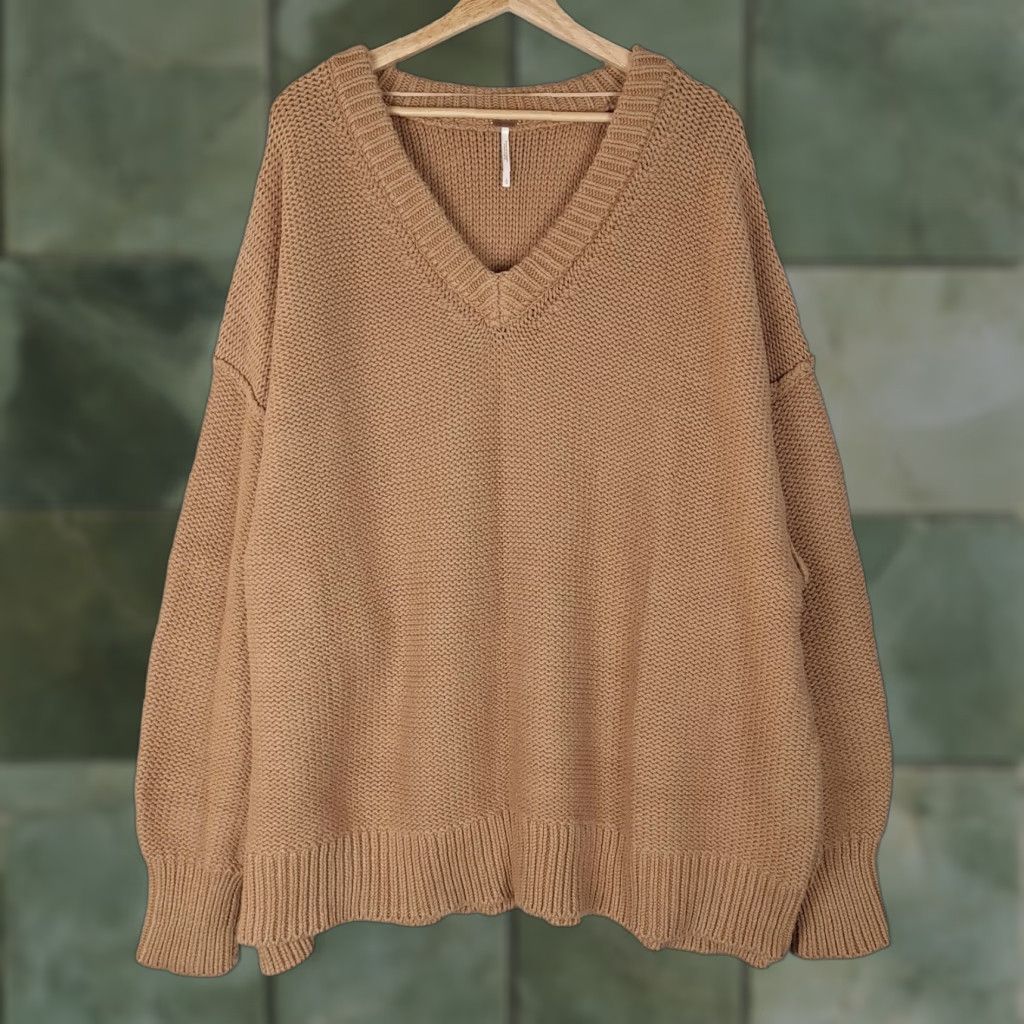 Free People Free People Sweater Womens Large Brown V-Neck Oversized Pullover Knits Chunky Knit Casual Fall Winter Size L / US 10 / IT 46 - 1 Thumbnail