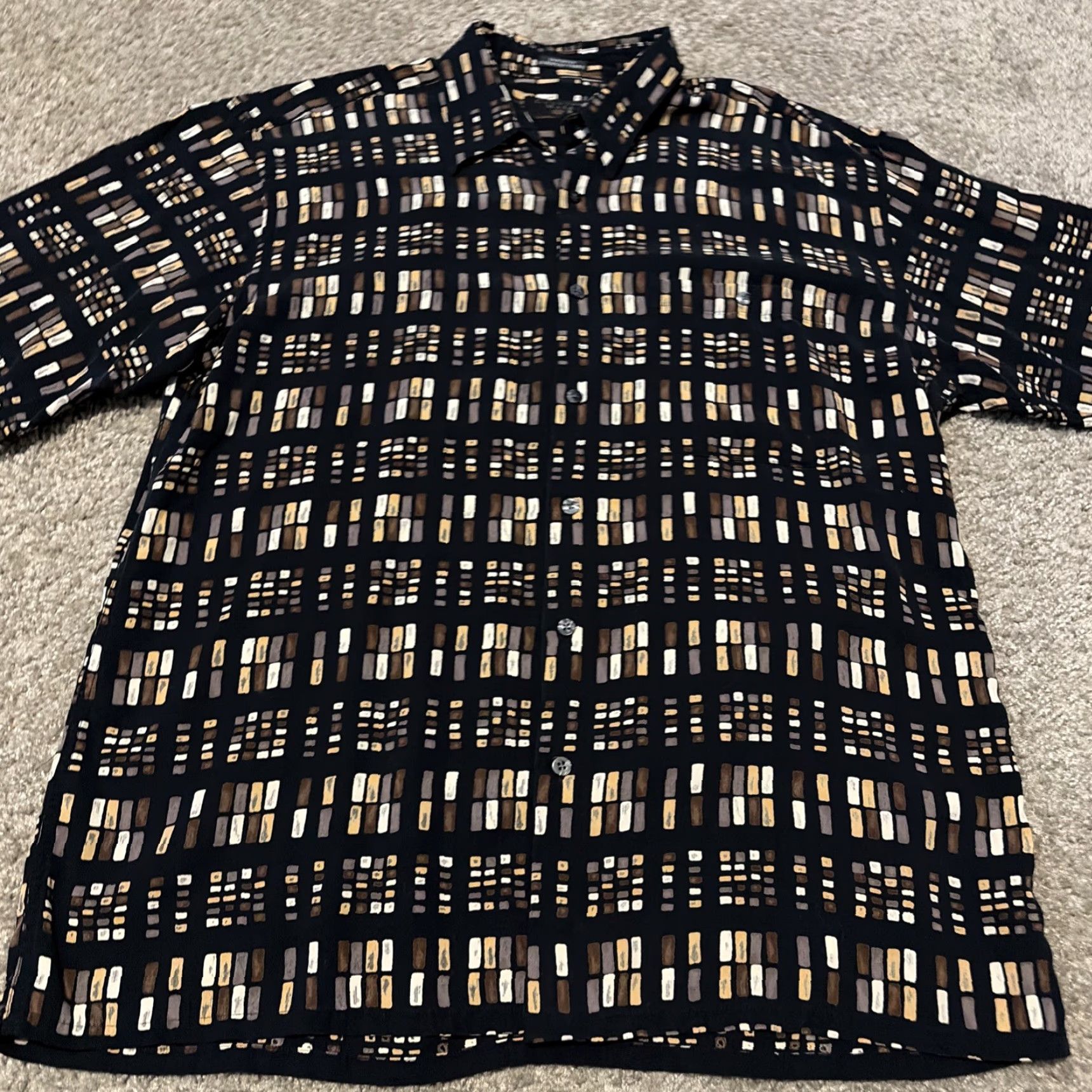 Countess Mara VINTAGE Countess Mara Black Brown Geometric Pattern Button Up Shirt Large 90s Men Short Sleeve L Brown Black Geometric 90s Button Up Shirt Mens Size US L / EU 52-54 / 3 - 4 Thumbnail
