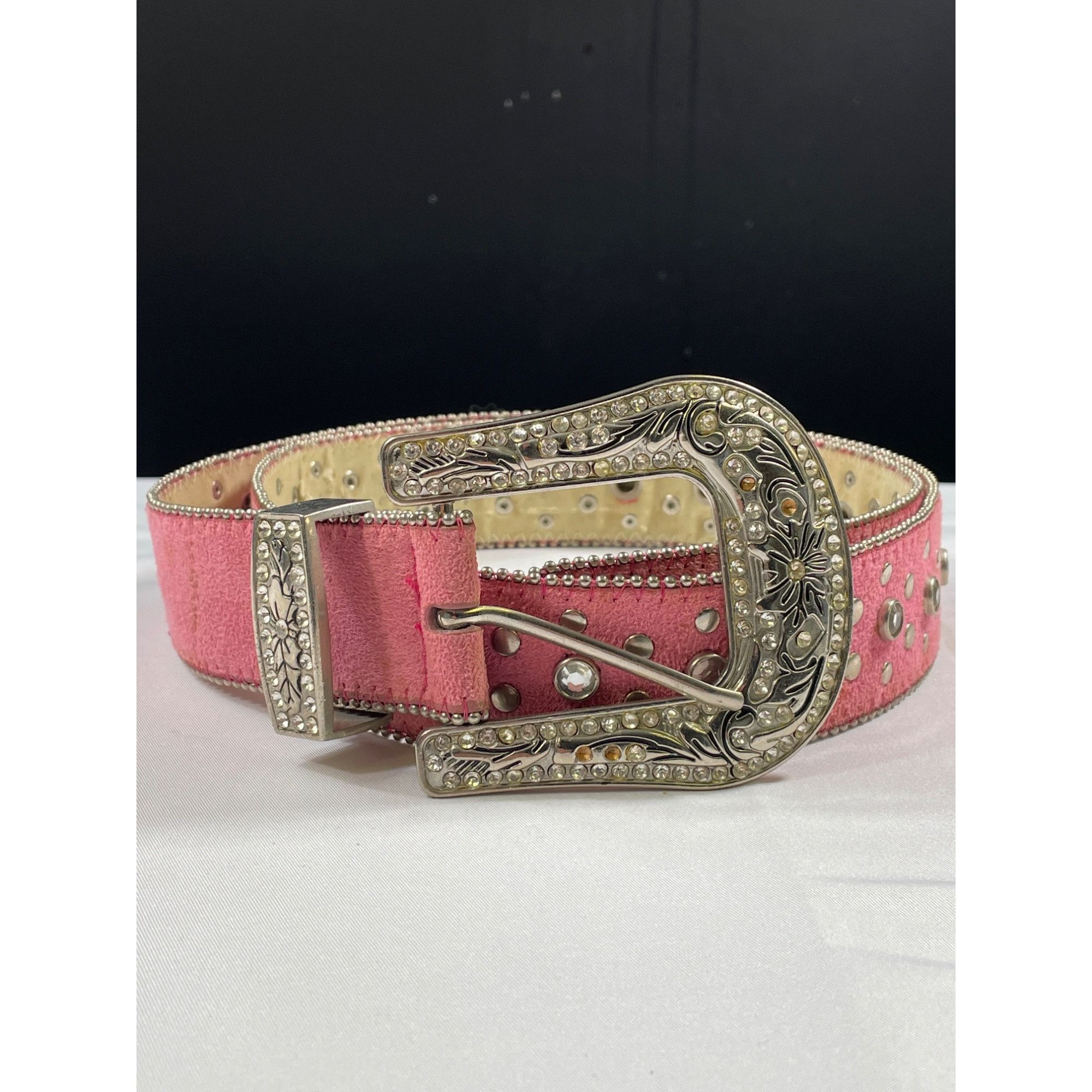 Designer Pink Studded Leather Belt With Rhinestone Buckle SKIU 7590 Size ONE SIZE - 1 Thumbnail