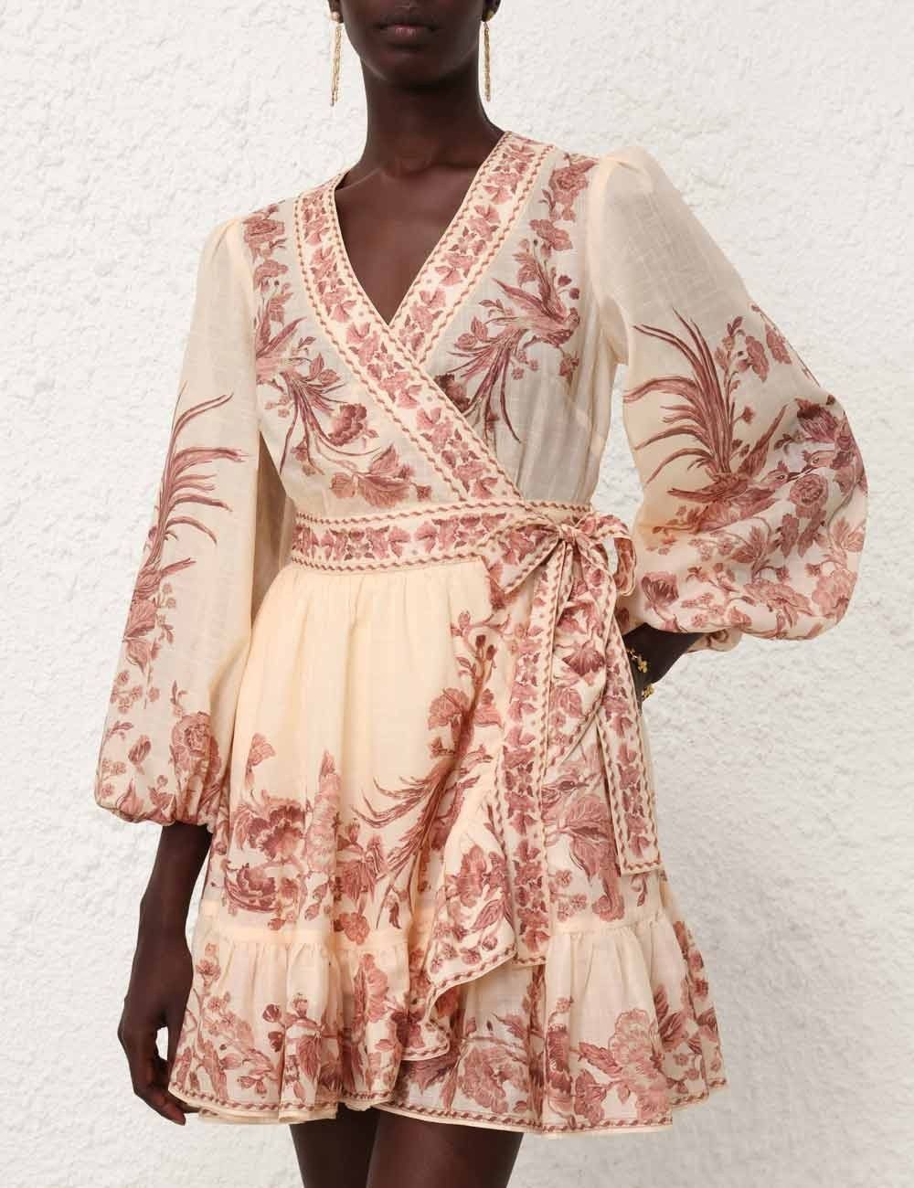 Zimmermann oc11z0525 Waverly Wrap Mini Dress in Cream & Pink Size S / US 4 / IT 40 - 2 Thumbnail