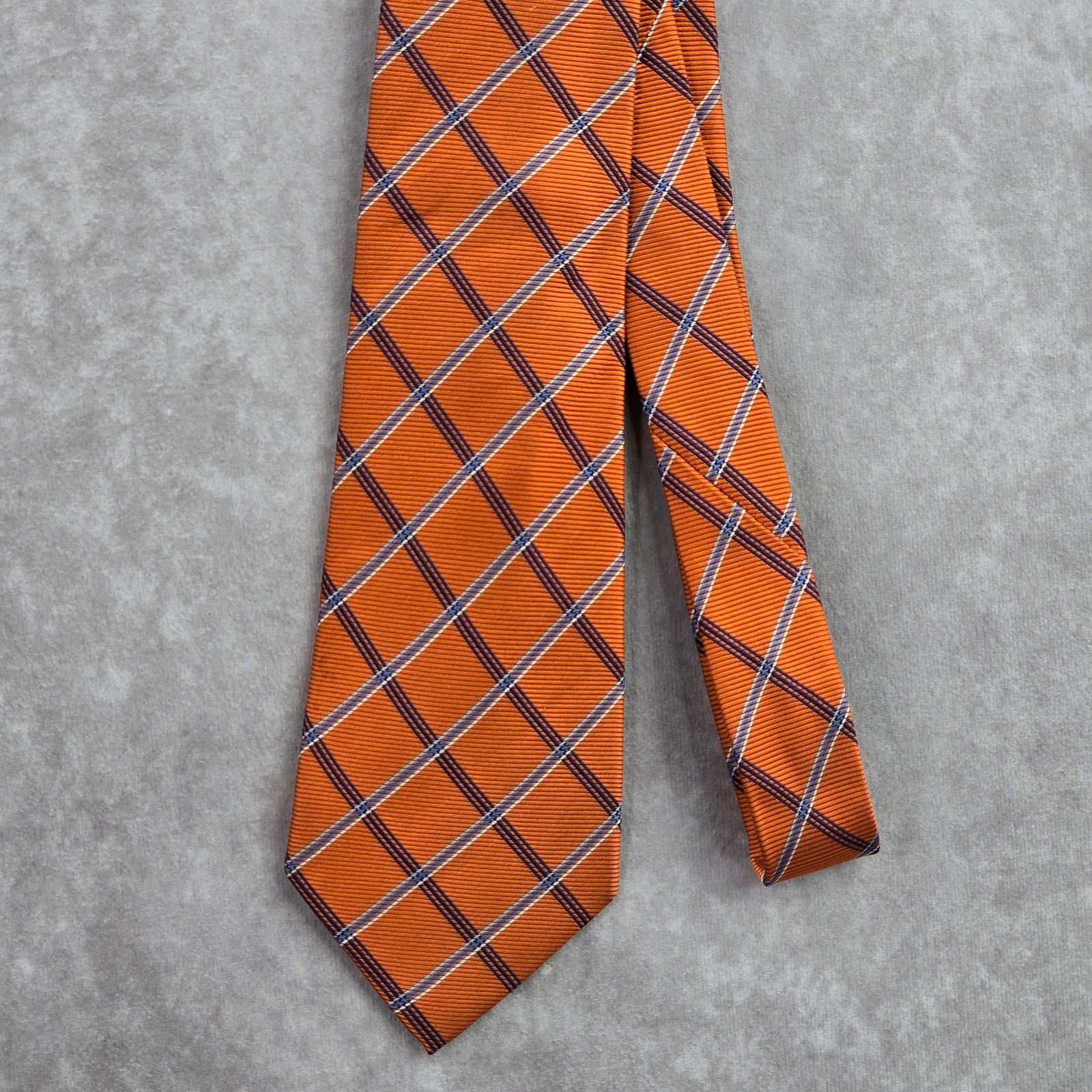 Chaps Chaps Orange Blue Plaid Tartan Stripe 100% Silk Neck Tie Size 32 - 2 Thumbnail