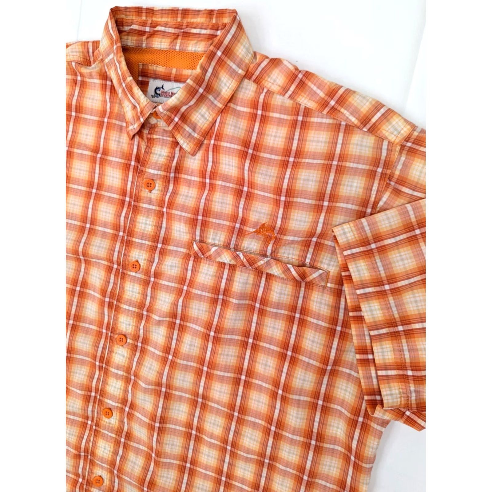 Bass Pro Shops Bass Pro Shop World Wide Sportsman Plaid Vented Button Fishing Shirt Men 2XL Orange Short Sleeve Button-Up Collared Outdoor Sportsman Fish Clothing Size US XXL / EU 58 / 5 - 2 Thumbnail
