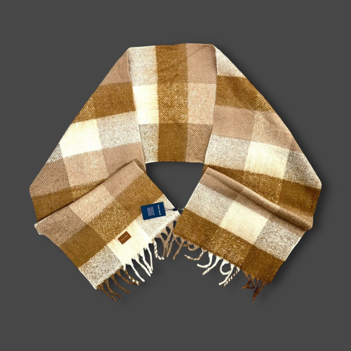 Cole Haan Cole Haan Oxford Tan Checkered Fringe Scarf 10”x70” Size ONE SIZE - 1 Thumbnail