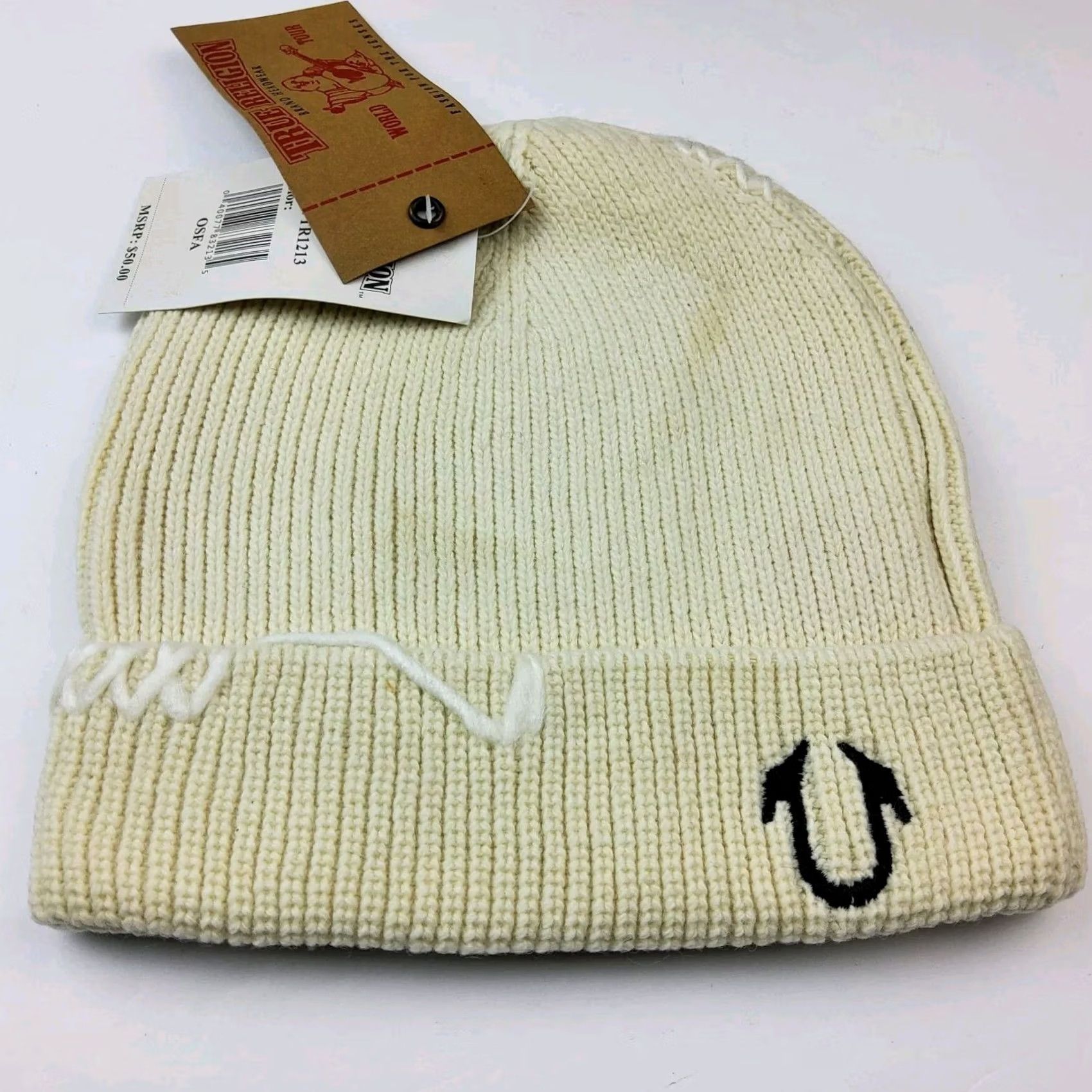 True Religion True Religion Beanie Knit Winter Ivory Men One Size Ivory Winter Knit Hat Mens Beanie True Religion Size ONE SIZE - 2 Thumbnail