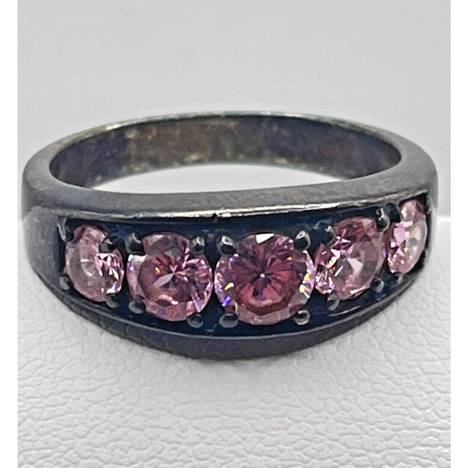 Pink Sapphire & CZ Accent Sterling Silver Band Ring Size 7.5