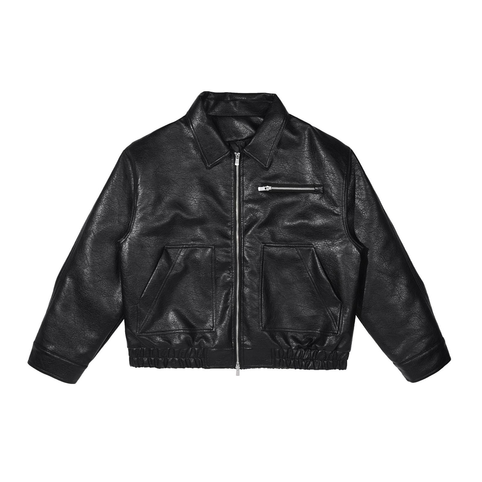 Leather Black Cropped Leather Bomber Jacket, Zip Front Jacket Size US M / EU 48-50 / 2 - 3 Thumbnail