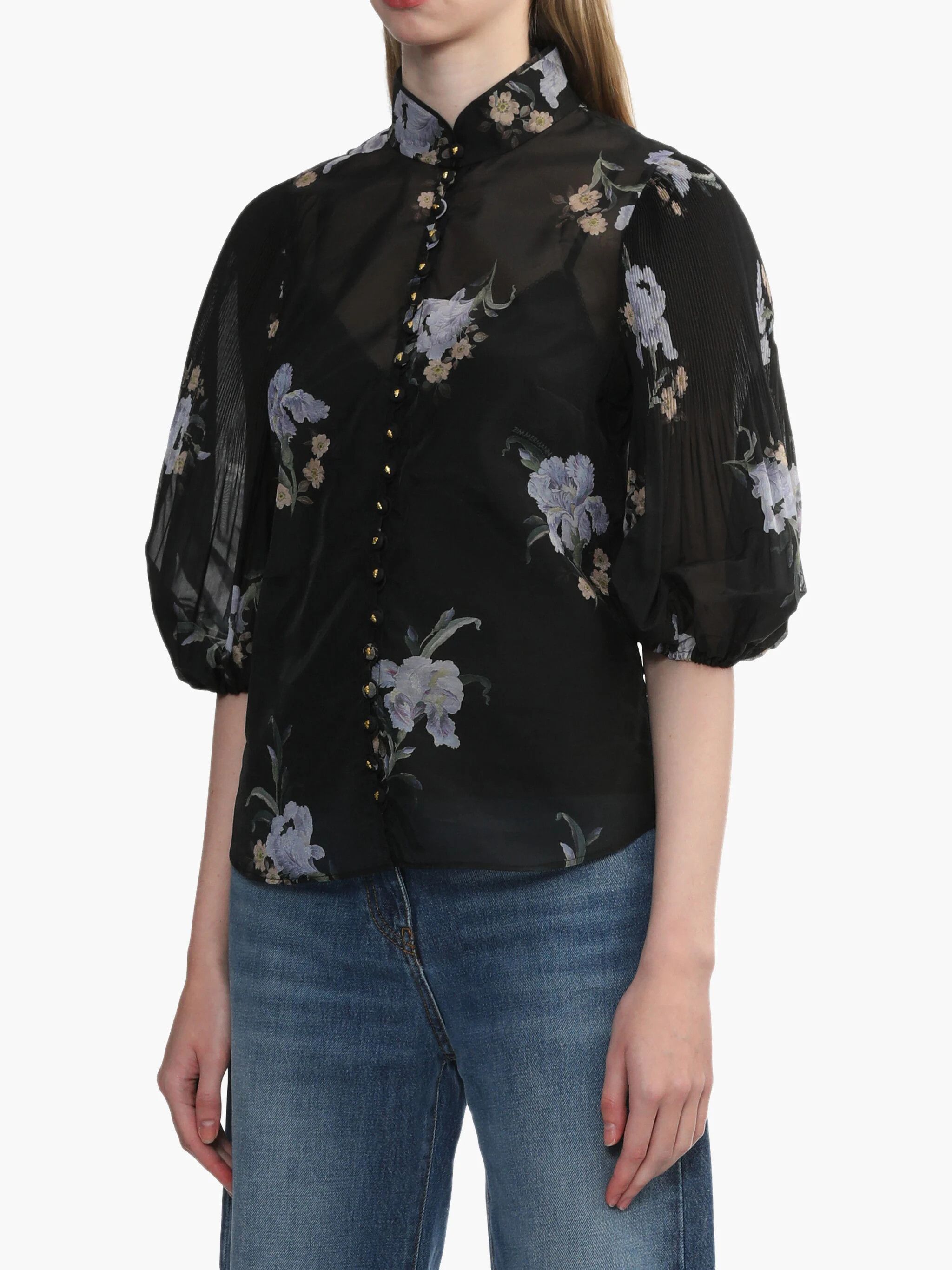 Zimmermann o1s22i1n1024 Pleated Sleeves Illustrated Blouse in Black Size S / US 4 / IT 40 - 3 Thumbnail