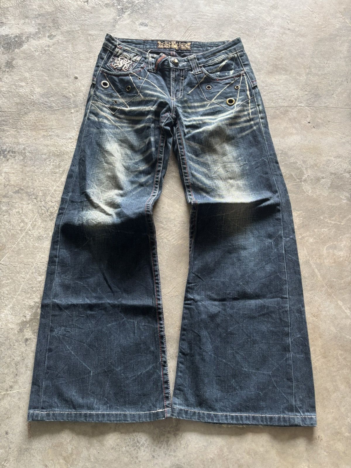 If Six Was Nine RIOBERA vintage flare jeans sick spellout back japanese punk Size US 29 - 1 Thumbnail