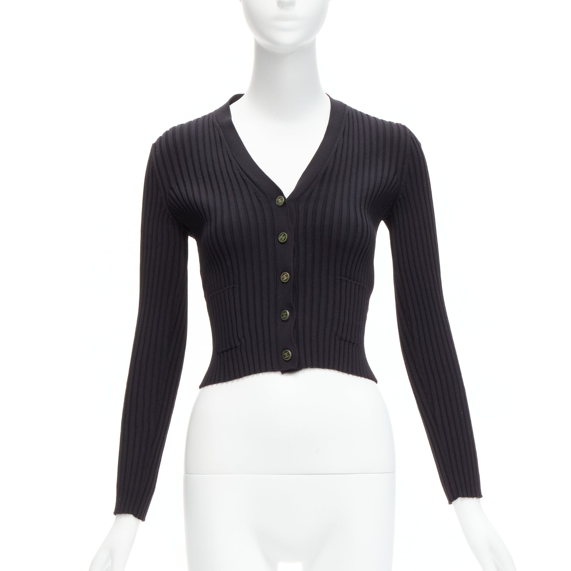 Chanel CHANEL 01A Vintage gold CC logo button ribbed cropped cardigan FR42 L Size L / US 10 / IT 46 - 1 Thumbnail