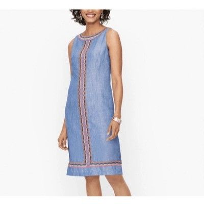 Talbots $120 Talbots Linen Scallop Detail Shift Dress Blue Rainbow S Size M / US 6-8 / IT 42-44 - 1 Thumbnail