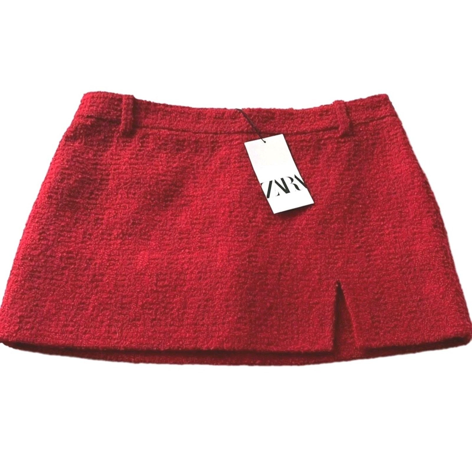 Zara ZARA Tweed Red Mini Skirt Red Slit With Belt Loops Size S Size 25" / US 0 / IT 36 - 7 Thumbnail