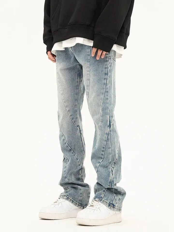 Japanese Brand Spliced Flared Pants Mens Washed Distressed Denim Size US 32 / EU 48 - 5 Thumbnail