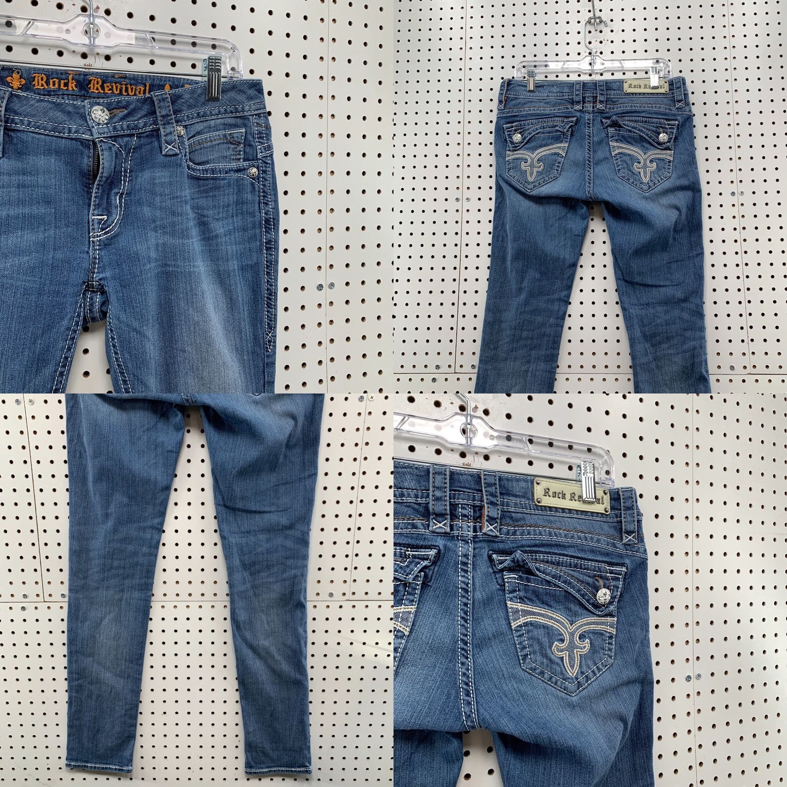 Vintage VINTAGE Rock Revival Skinny Jeans WOmens Size 29 SLim Blue Flap Pocket Fits 32x30 Denim Size 29" - 8 Thumbnail