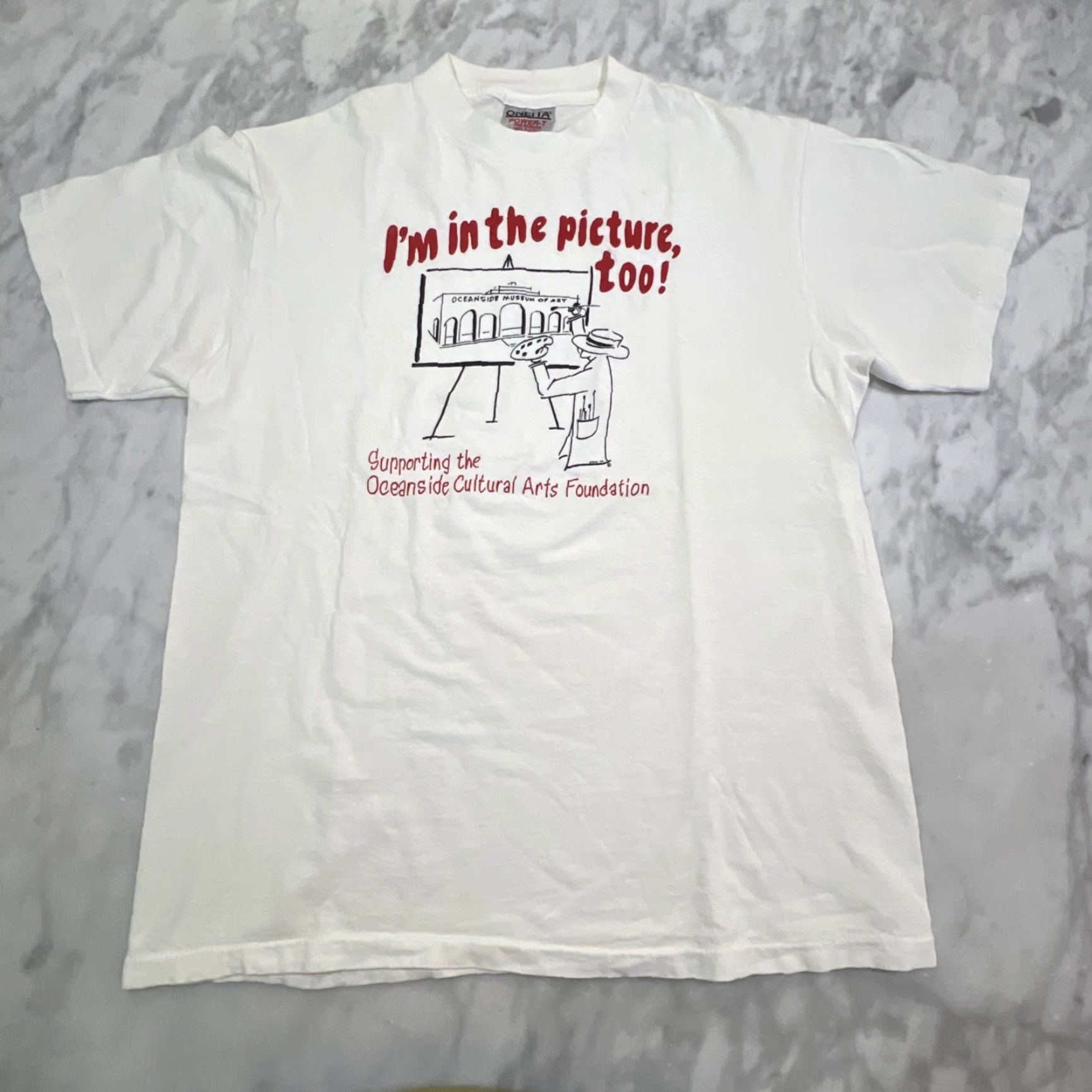 Vintage VINTAGE Oceanside Museum Arts Foundation T shirt Men’s M Single Stitch Oneita Shirt Mens White Cotton Graphic Print 1990s Art Theme Size US M / EU 48-50 / 2 - 3 Thumbnail