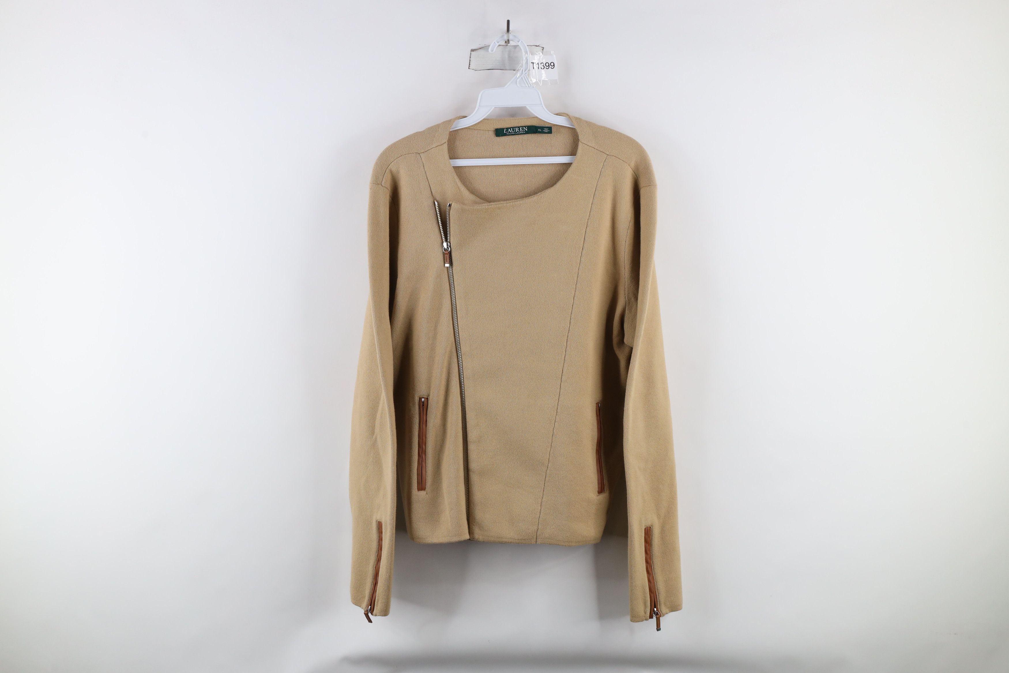 Ralph Lauren × Vintage Vintage Ralph Lauren Asymmetrical Zip Knit Sweater Beige Size XL / US 12-14 / IT 48-50 - 1 Thumbnail