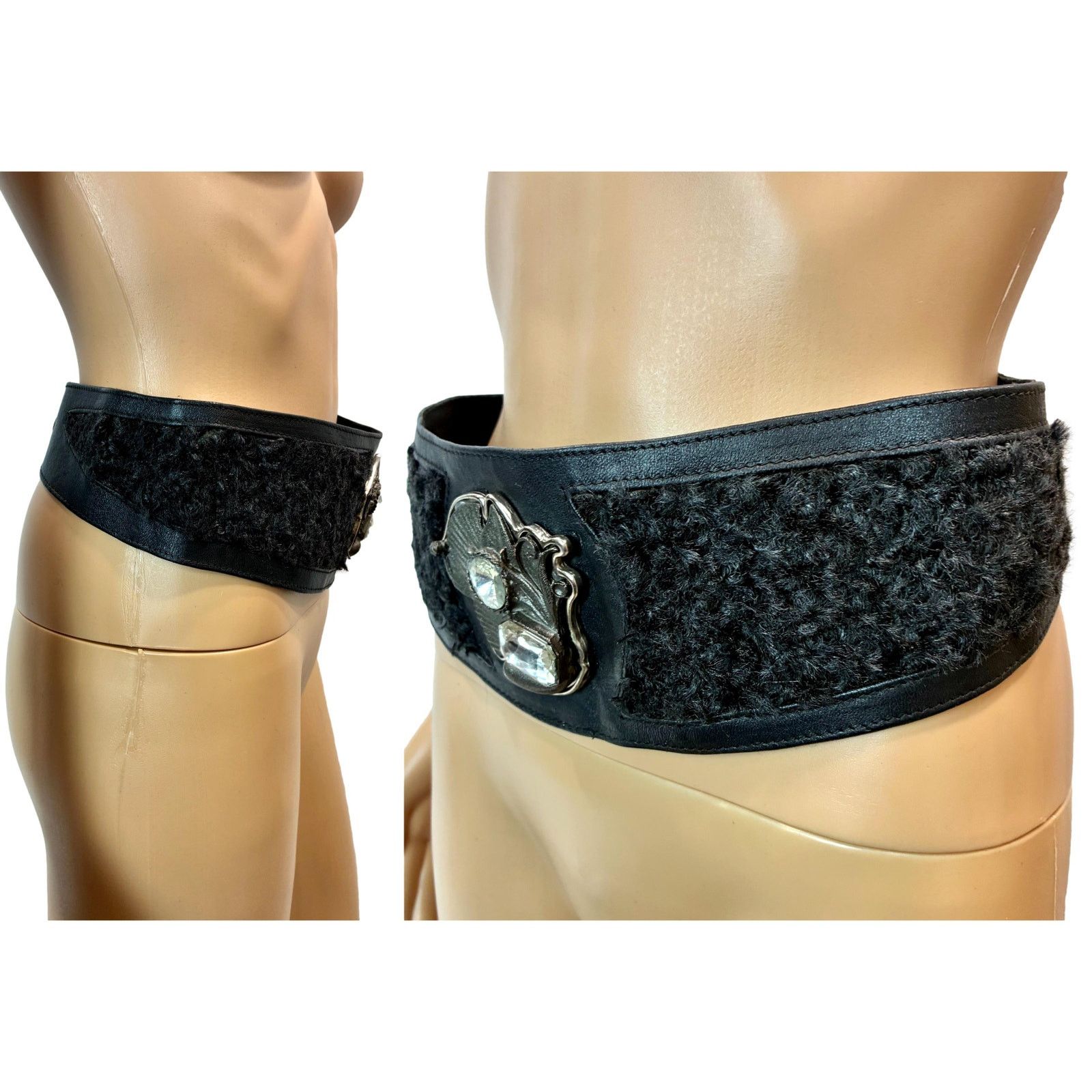 Genuine Leather × Vintage 80s GLAM Black Leather Persian Lamb Wide Waist Belt Size ONE SIZE - 9 Thumbnail