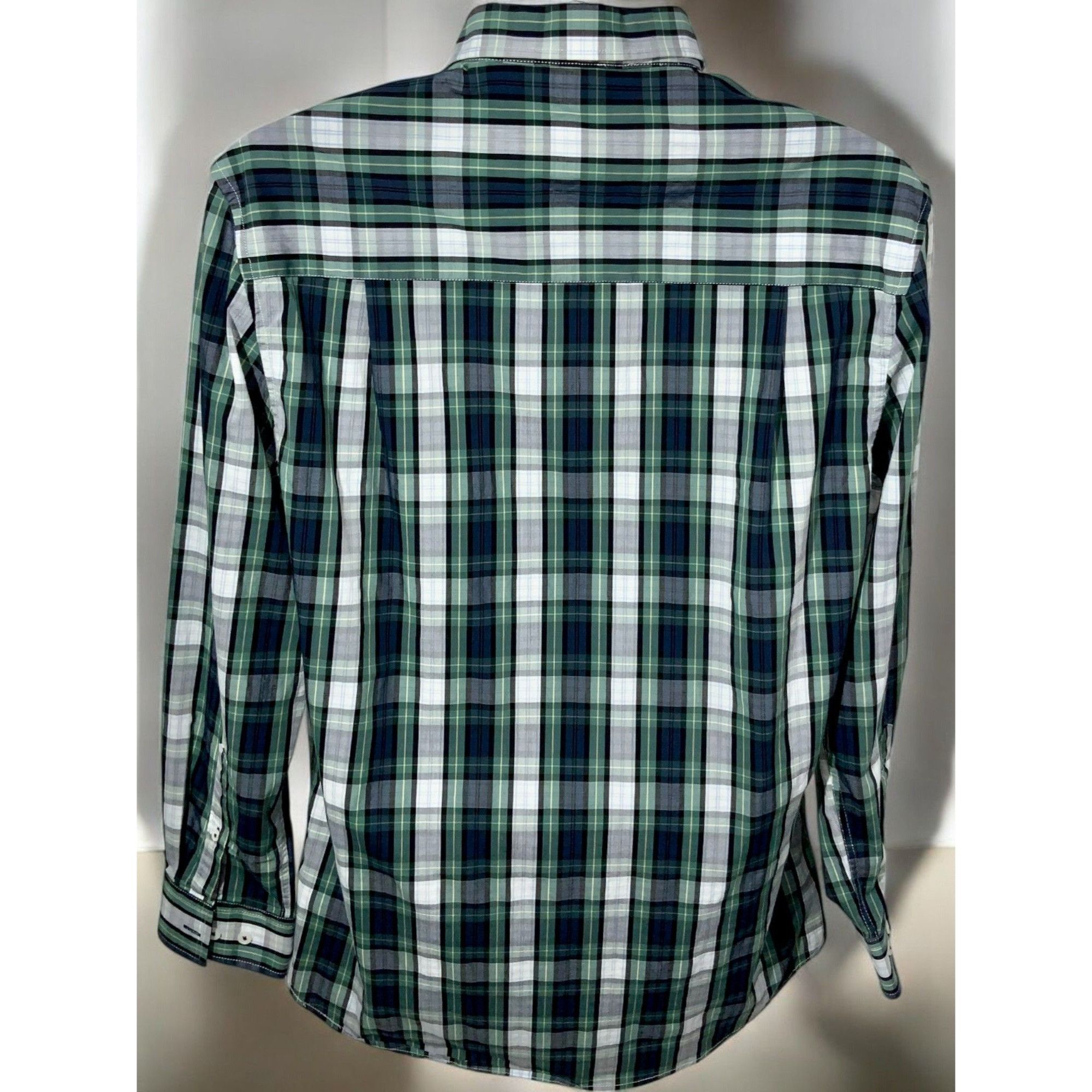 Designer Nick Graham Mens Green Blue Plaid Stretch Modern Fit Button Size US L / EU 52-54 / 3 - 3 Thumbnail