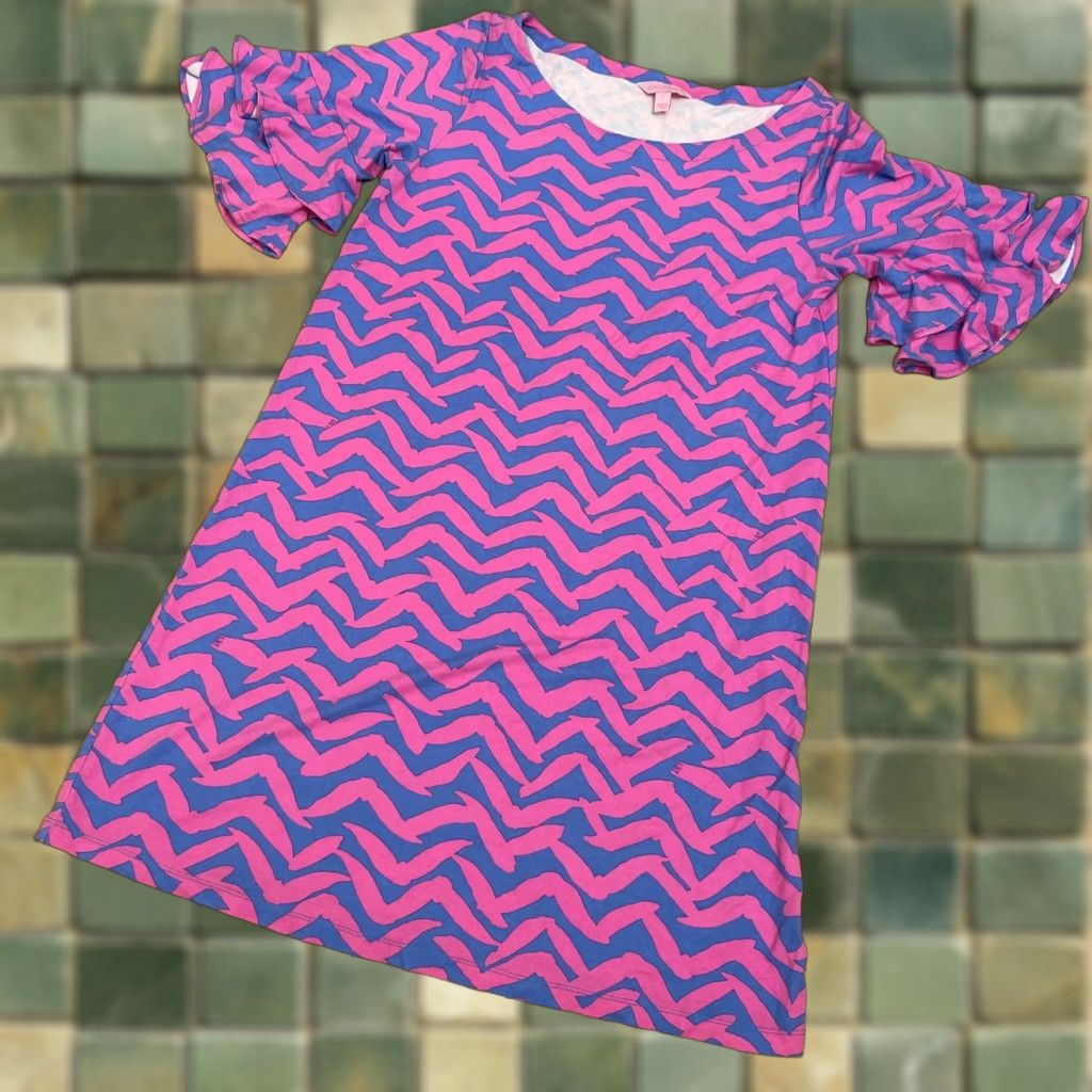 Lilly Pulitzer Lilly Pulitzer Lula Dress Bennet Pink Blue Pop Up I Got Lucky Large Ruffle Dress Short Sleeve Crew Neck Women L Beach Resort Preppy Size L / US 10 / IT 46 - 1 Thumbnail