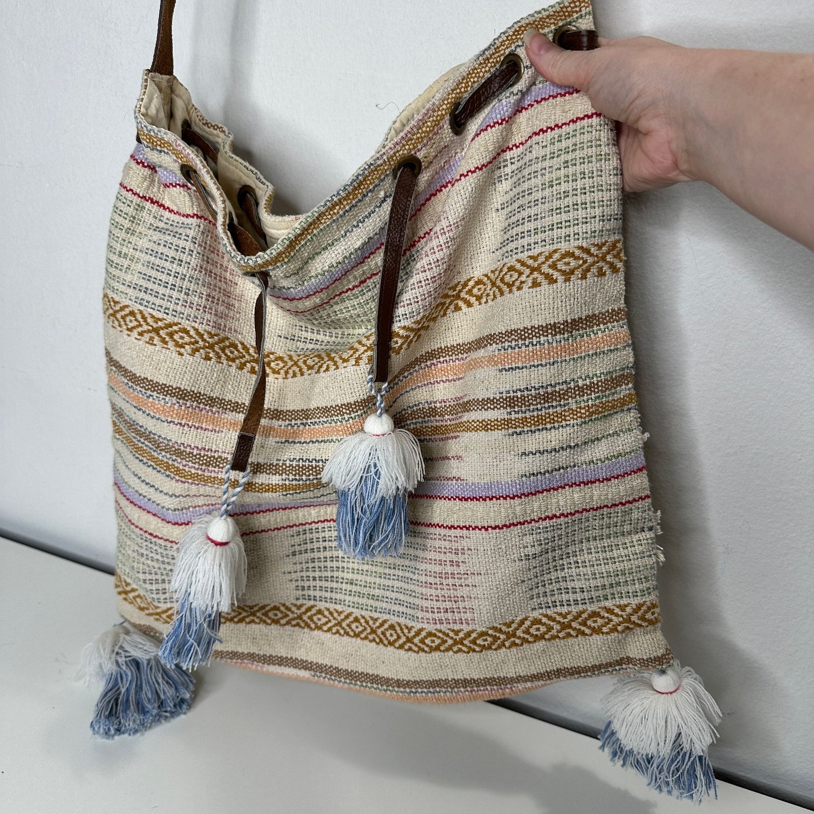 Other Lovestitch Tan Multicolor Striped Canvas Boho Bag Drawstring Size ONE SIZE - 5 Thumbnail