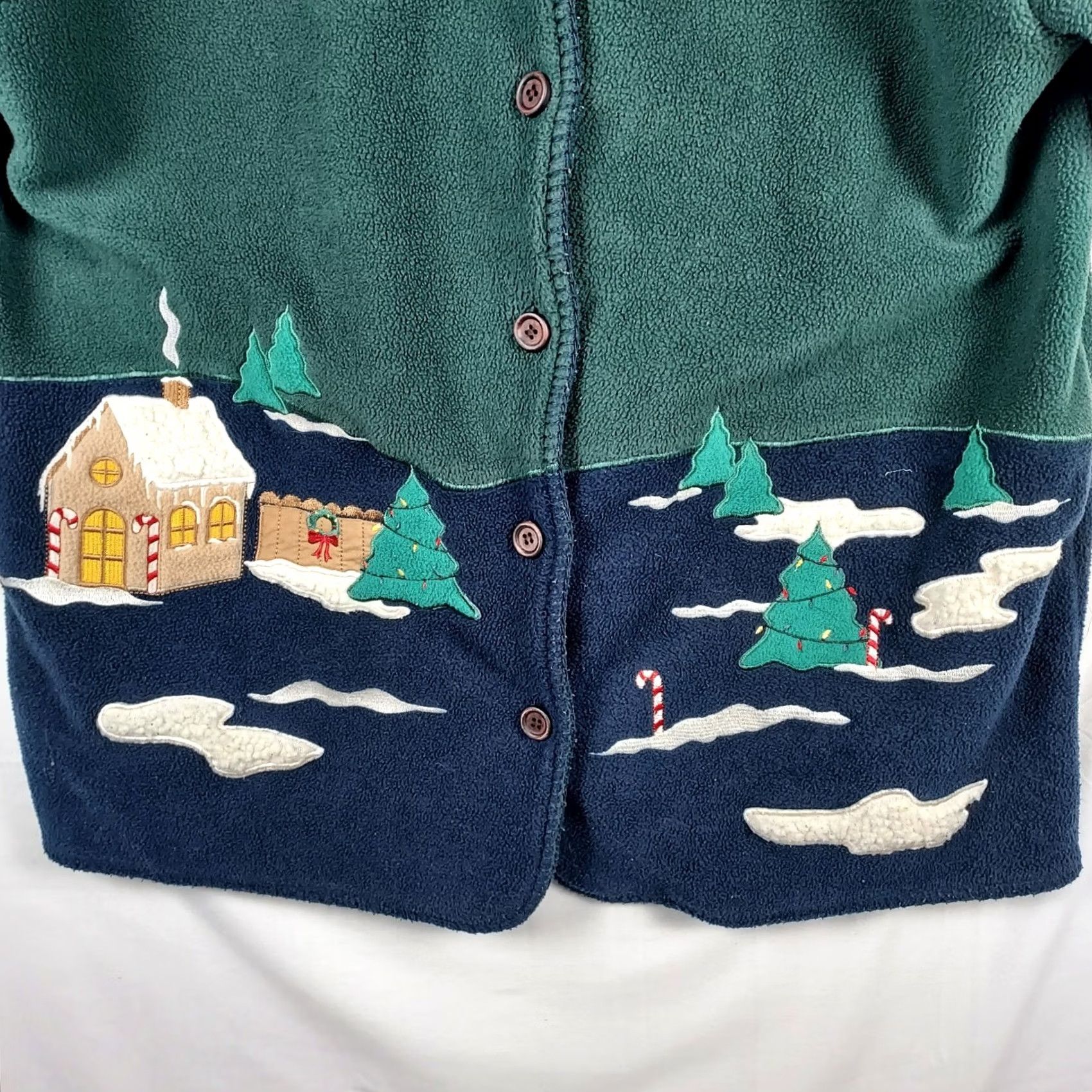 Vintage Karen Scott Christmas Fleece Jacket Women’s M Green Embroidered Cabin Tree Cardigan Sweater Holiday Winter Womens Size M / US 6-8 / IT 42-44 - 6 Thumbnail